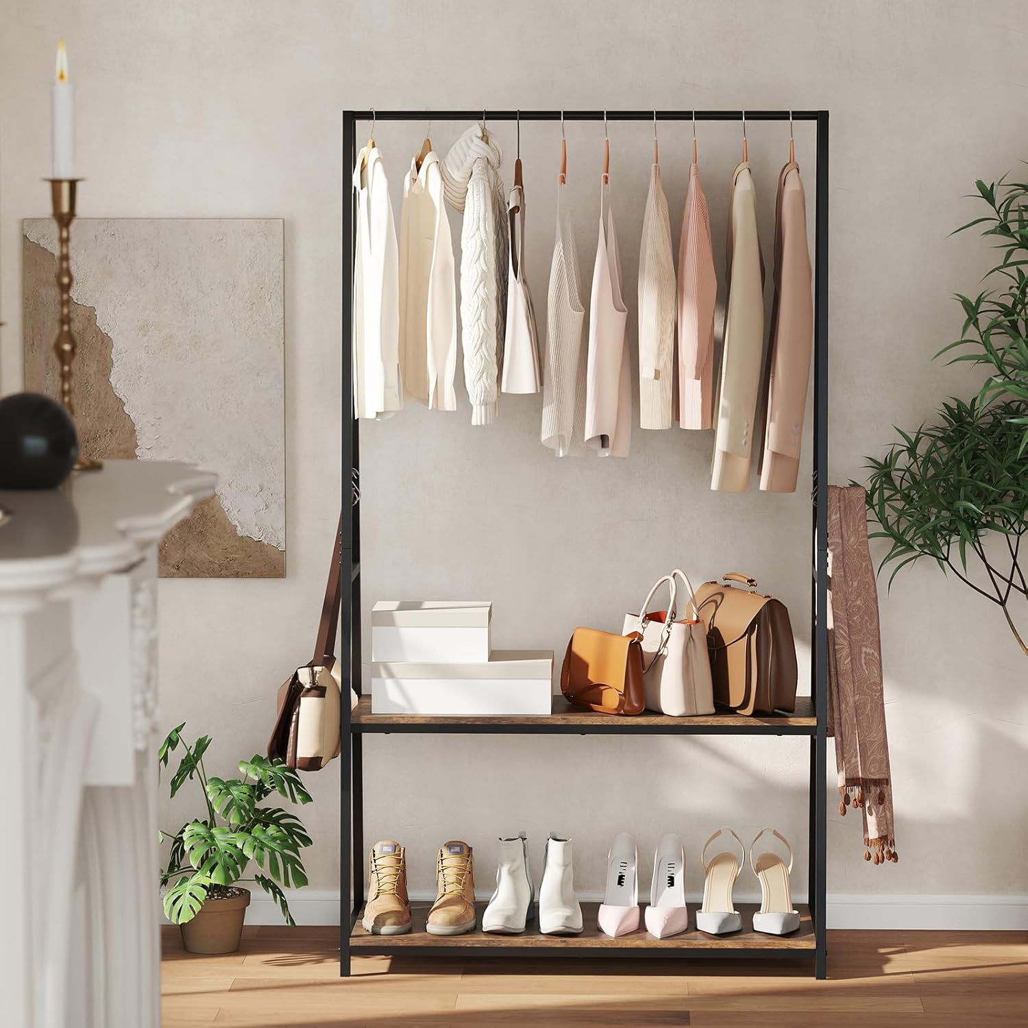 COSTWAY Clothes Rail, Freestanding Garment Rack Clothes Stand with Hanging Rail, 2 Storage Shelves and 4 Hooks, Heavy-duty Metal Frame Clothing Rack Coat Hanger for Bedroom Closet (Black+Rustic Brown)