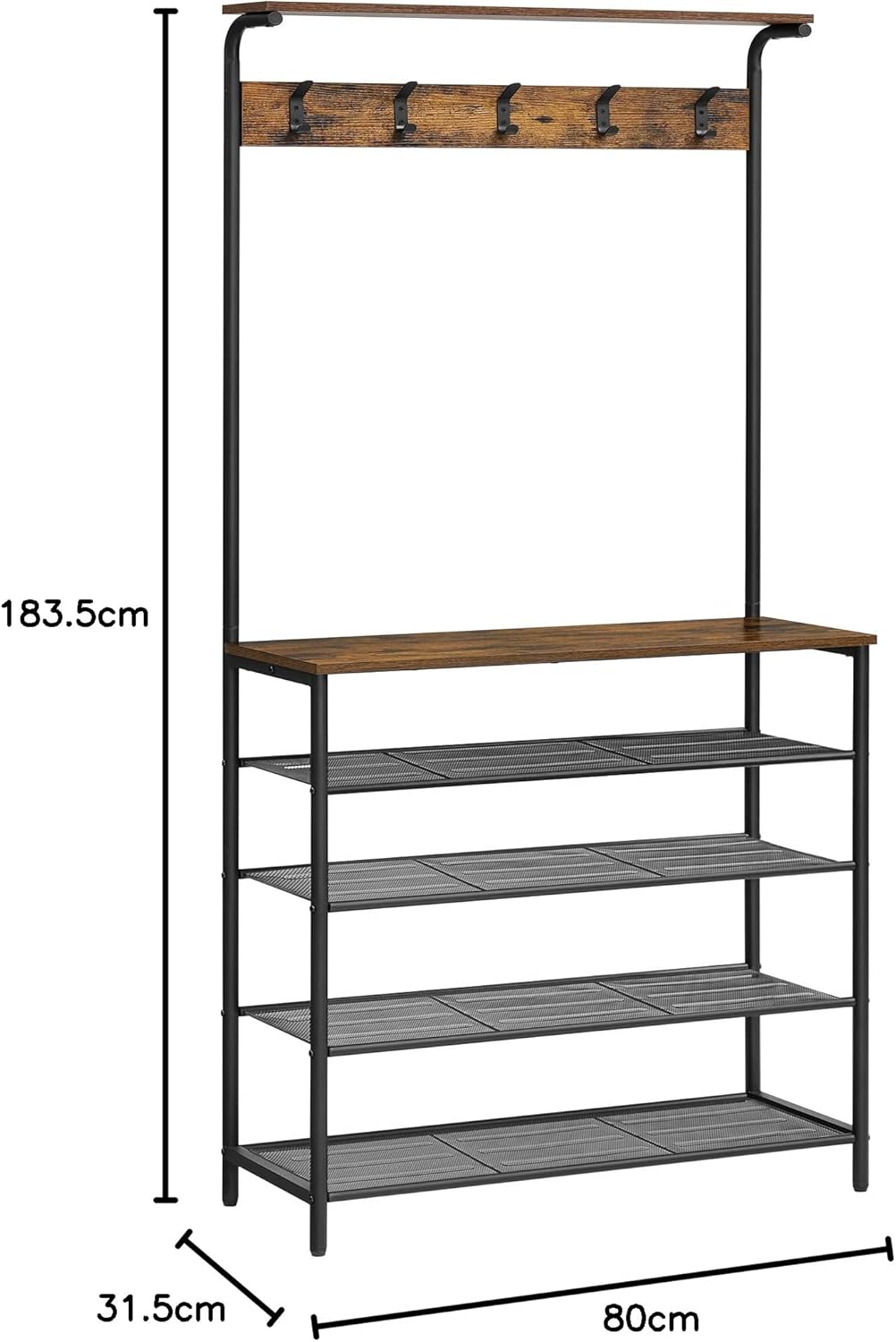 VASAGLE Clothes Rack, Hallway Tree with Shoe Storage, 5 Tier Shoe Rack, Different Height, 5 Double Hooks, Top Shelf, Dormitory in the Corridor Industrial Rustic Brown and Black HSR408B01