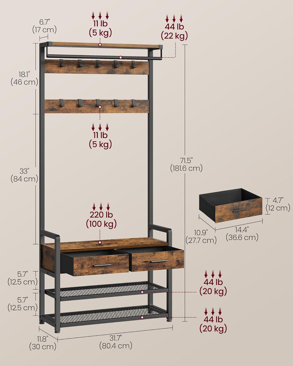 VASAGLE Hall Tree with Bench and Shoe Storage, Hallway Coat Rack with Shoe Bench, 2 Fabric Drawers, 10 Hooks, 30 x 80.4 x 181.6 cm, Vintage Brown and Ink Black HSR429B01