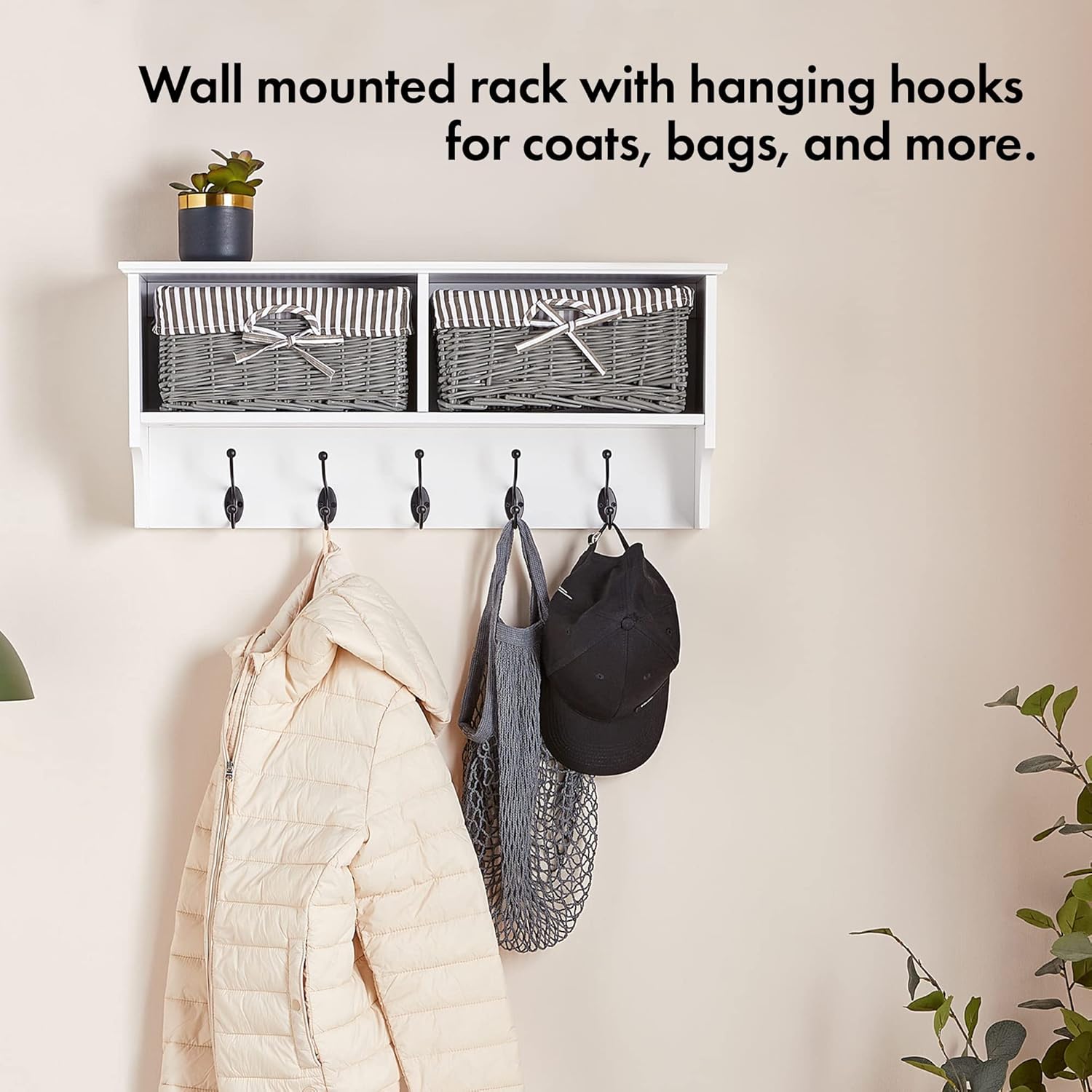 VonHaus Coat Hooks Wall Mounted - White Coat Rack Shelf w/ 2 Grey Wicker Storage Baskets & 5 Strong Double Clothes Hooks - Hallway Organiser w/Shelving for Hall & Entryway - for Scarves, Bags