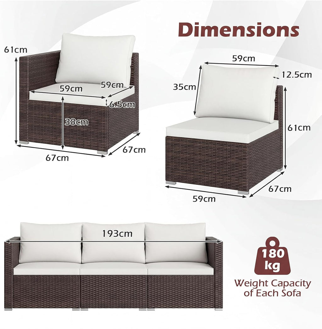 COSTWAY 3-Seater Garden Rattan Sofa, 3-Piece Sectional Patio Sofa Couch with Thick Cushions and Armrests, All-Weather Wicker Weave Outdoor Seating Bench Furniture (Mixed Brown+Off White, 193x67x61cm)