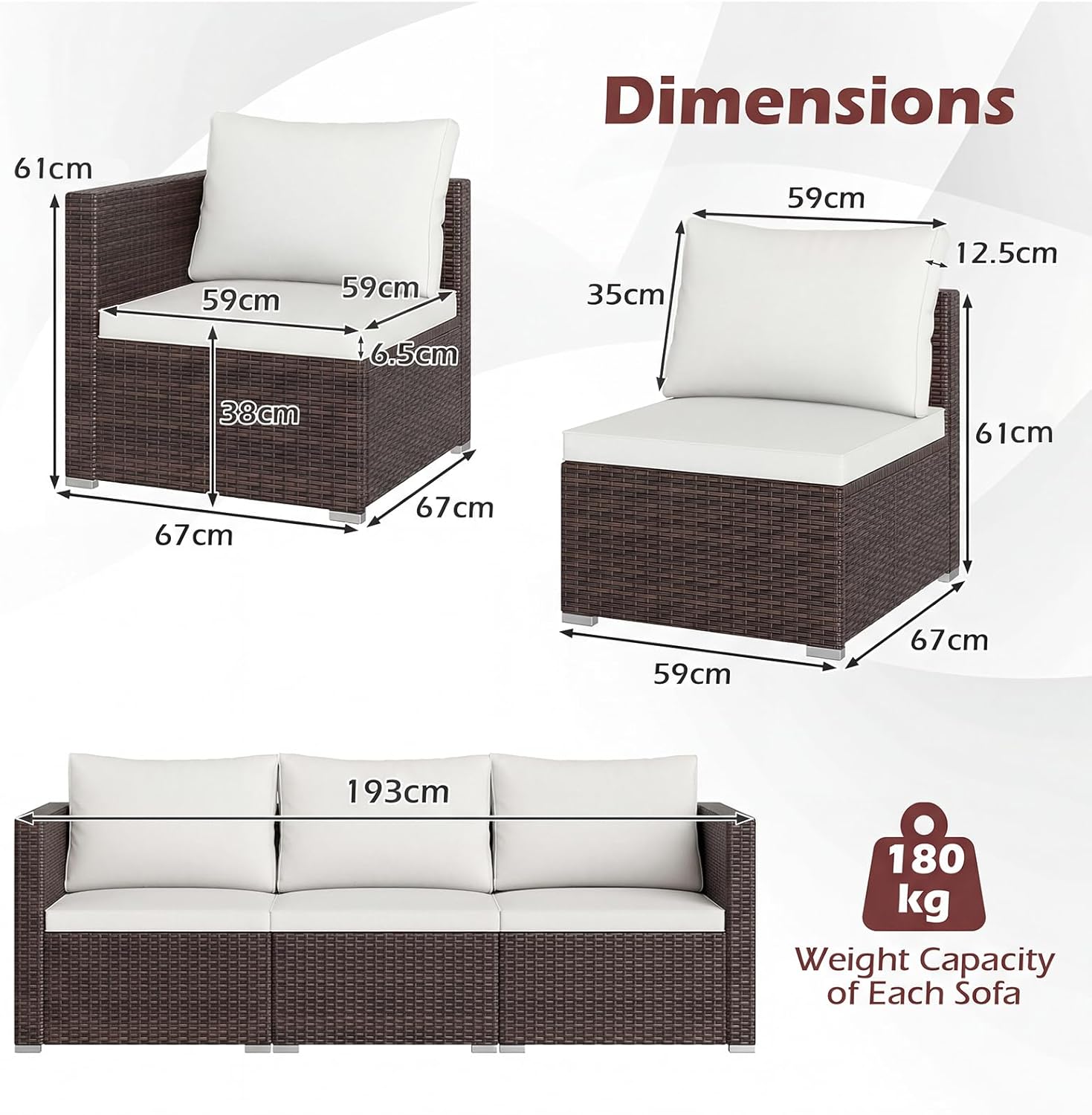 COSTWAY 3-Seater Garden Rattan Sofa, 3-Piece Sectional Patio Sofa Couch with Thick Cushions and Armrests, All-Weather Wicker Weave Outdoor Seating Bench Furniture (Mixed Brown+Off White, 193x67x61cm)