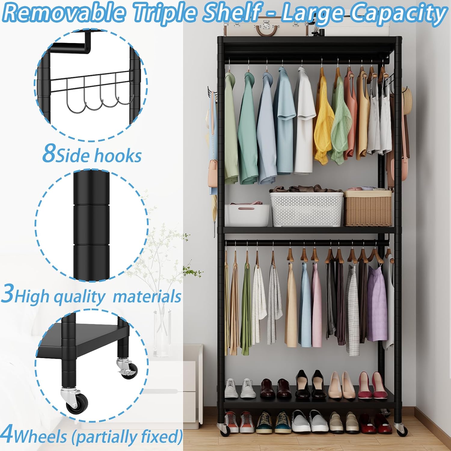 Black 2-Tier Heavy Duty Clothes Rack, 200cm with Adjustable Shelves, Double Rods & Side Hooks, 440lbs Load Capacity