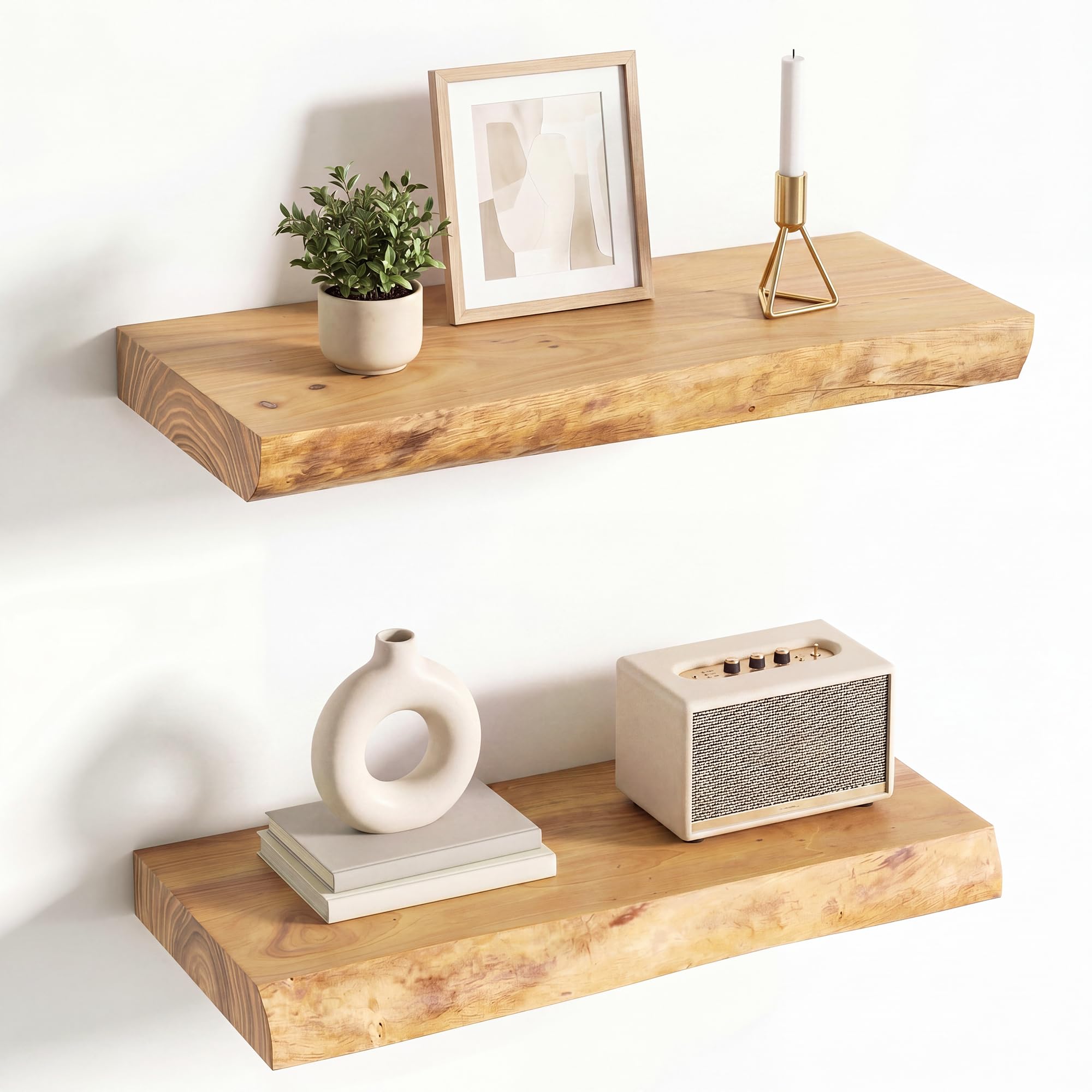 Live Edge Floating Shelves for Wall Decor, Solid Elm Wood Floating Shelves Wall Mounted, Rustic Wall Shelves with Invisible Bracket for Living Room Bathroom Bedroom Kitchen, 24 Inch Set of 2, Natural