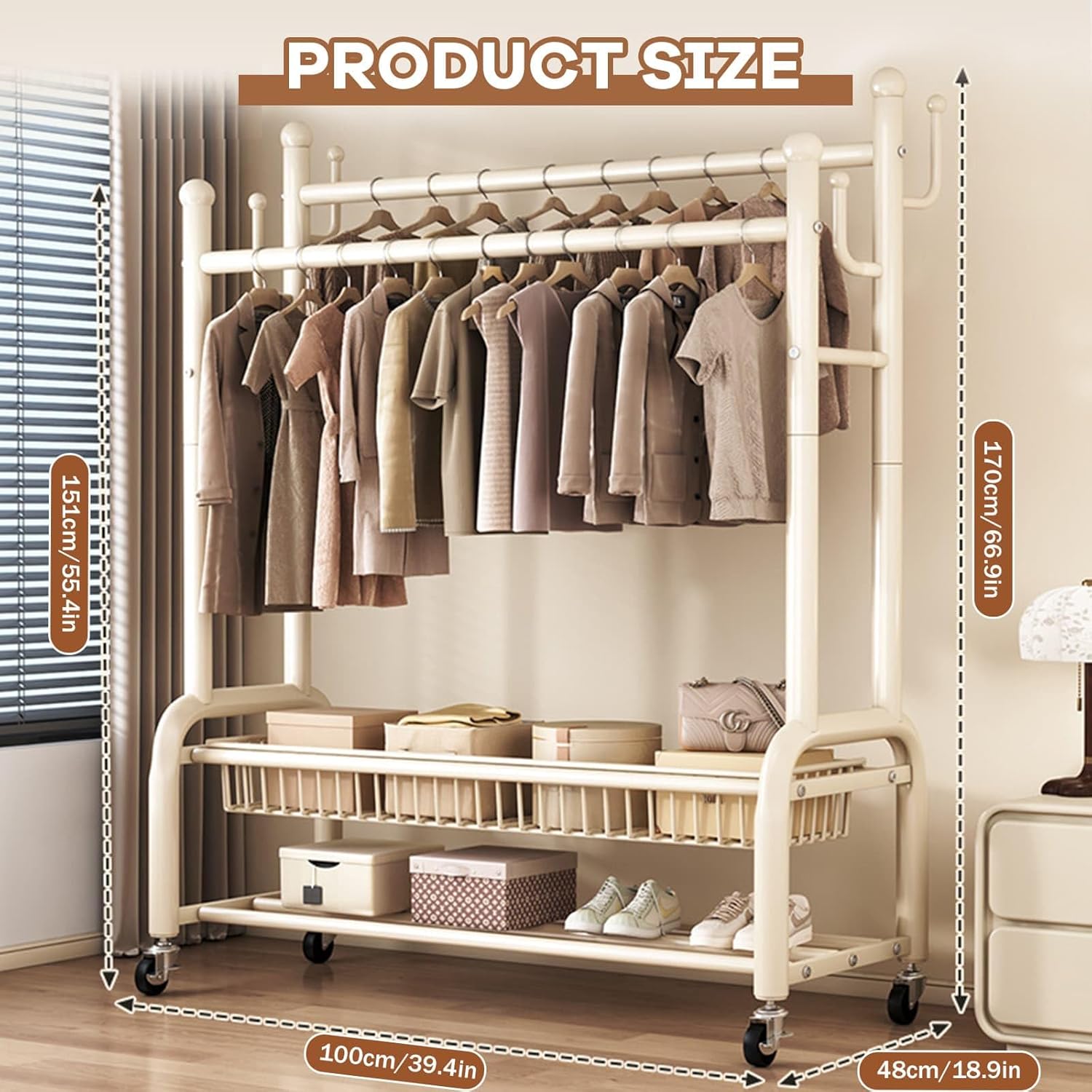 Heavy-Duty Clothes Rail for Bedroom, Double Wardrobe Rail with 4 Hooks, Lockable Metal Wheels, Shoe Rack & Detachable Storage Shelves, Clothing Rack for Laundry Shop Bedroom (White)