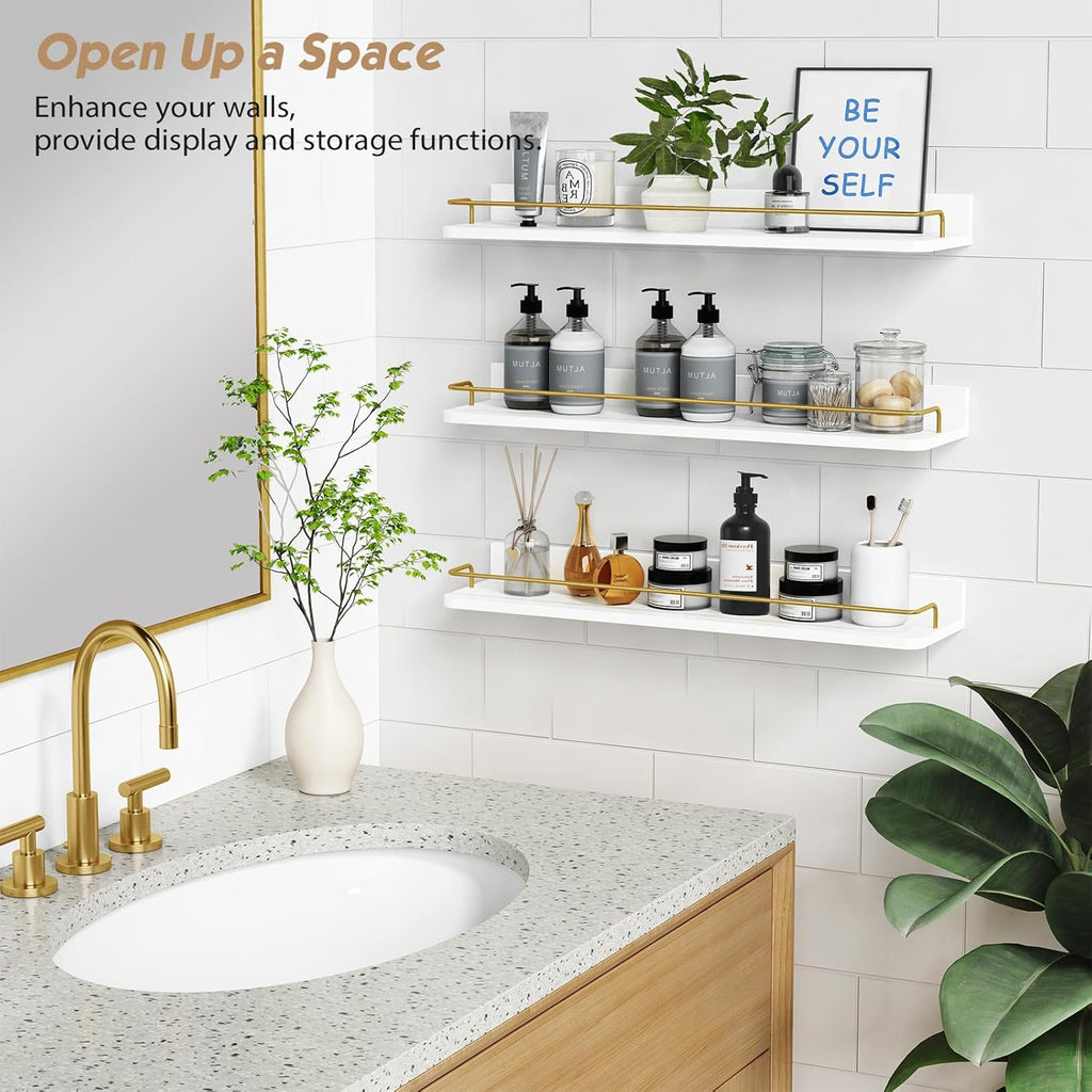 24 Inch White & Gold Floating Shelves, Set of 3 Wall Mount Shelves with Rail for Bathroom Bedroom Living Room