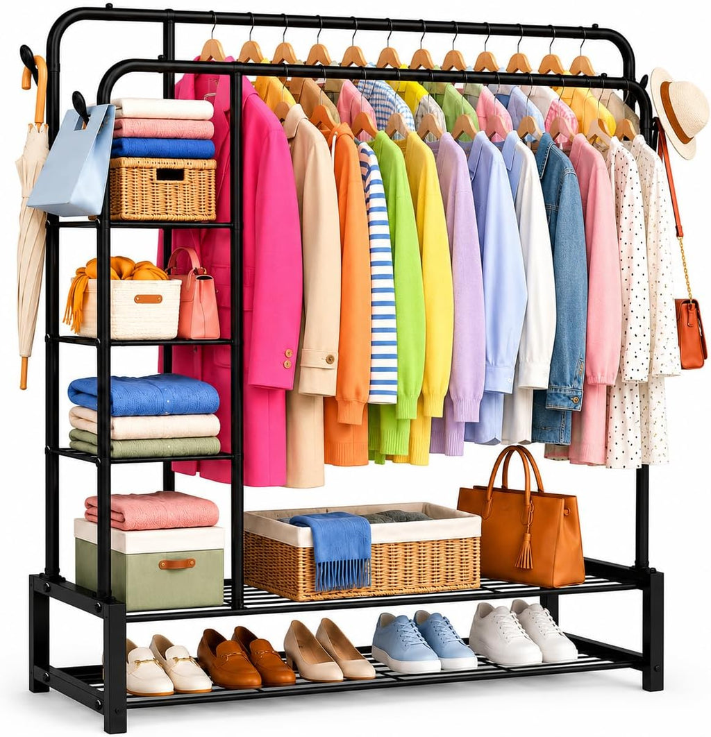 Heavy Duty Clothes Rail for Bedroom, Double Hanging Rail Metal Clothing Rail with 3 Side Shelves and 4 Coat Hooks, Freestanding Clothes Rack for Bedroom, Living Room 120kg (Black)