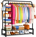 Heavy Duty Clothes Rail for Bedroom, Double Hanging Rail Metal Clothing Rail with 3 Side Shelves and 4 Coat Hooks, Freestanding Clothes Rack for Bedroom, Living Room 120kg (Black)