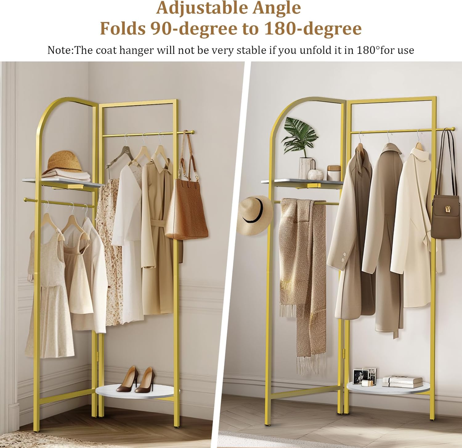 unho Gold Corner Coat Stand with Shelves, Adjustable 90°- 180° Folding Metal Clothes Rack with Hooks & Marble Shelves for Hallway Bedroom Living Room
