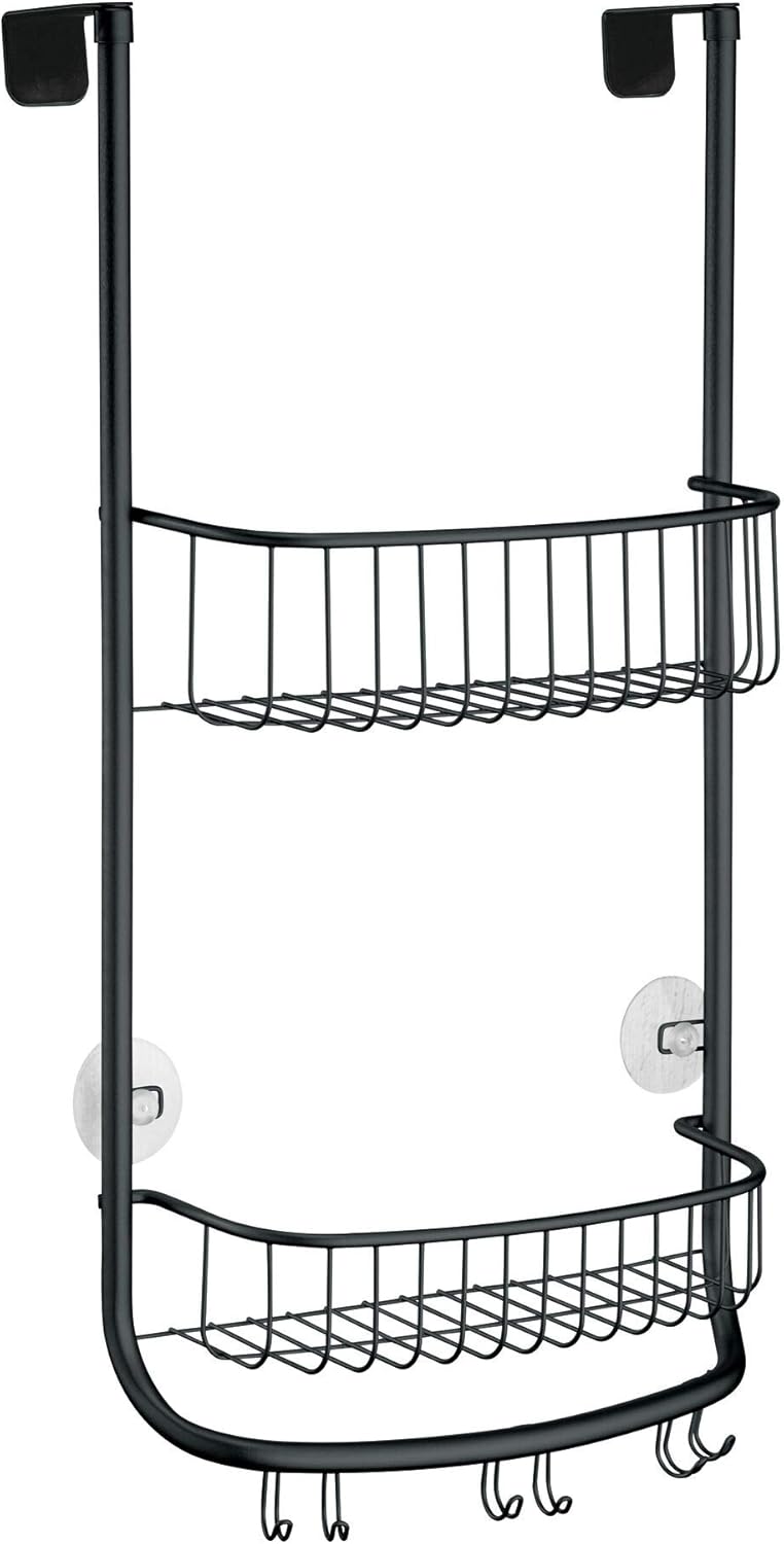iDesign Shower Caddy Over the Door, Small Hanging Bathroom Organiser with Two Shelves Made of Durable Metal, Practical Shower Storage for Shampoo, Shower Gel and More, Black