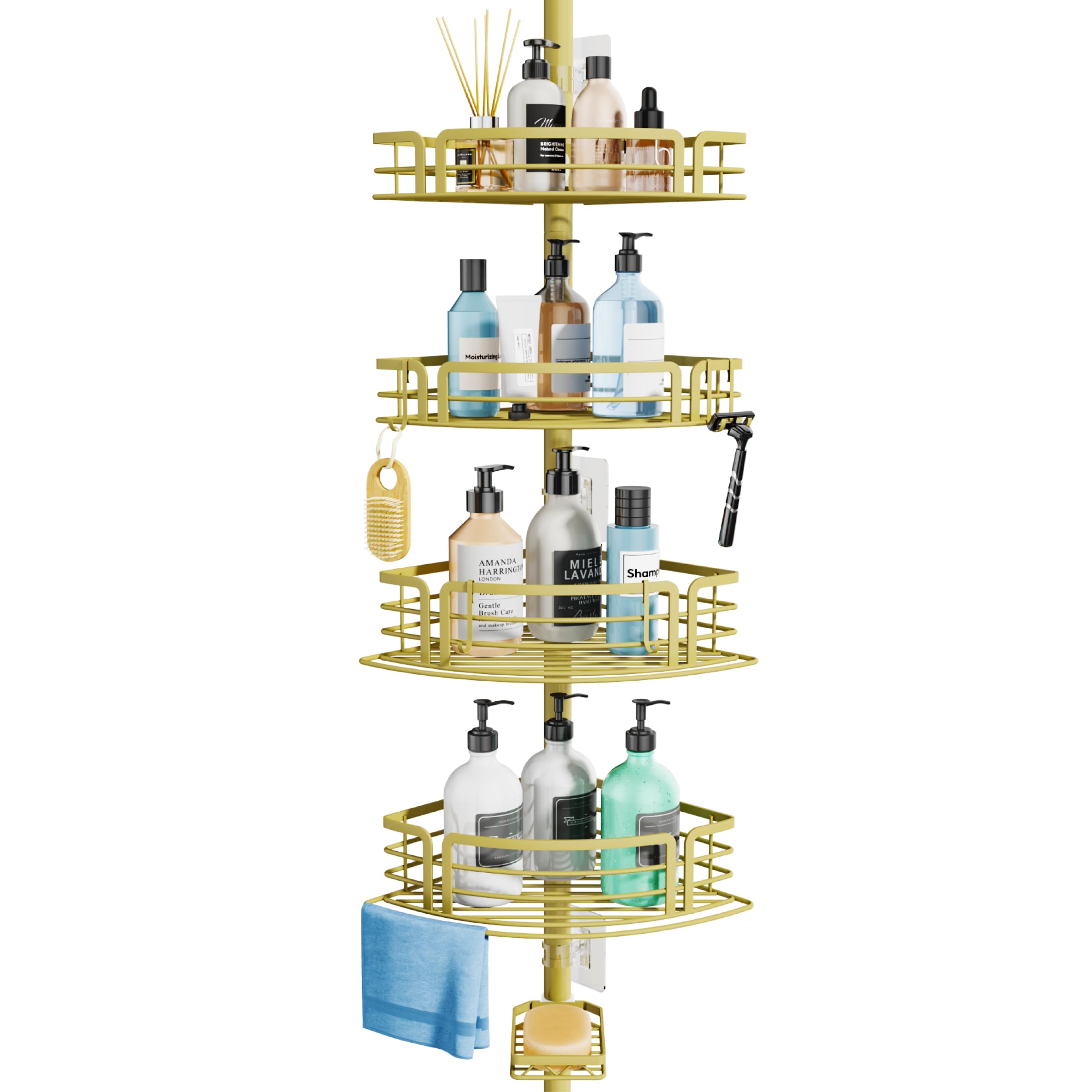 SWTYMIKI Telescopic Shower Caddy Corner - Rustproof Shower Corner Shelves with Towel Bar & Soap Holder, Adjustable No Drilling Tension Pole Shower Caddy for Bathroom With 4 Baskets, 27.6-108.3 inch