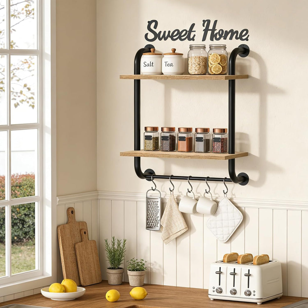 Tinpin Bathroom Shelves Wall Mounted, Rustic Farmhouse Pipe Shelves, 2-Tier, Industrial Shelving Over Toilet, Floating Shelf Decor for Bathroom, Kitchen, Bedroom, Living Room 17.3 inch