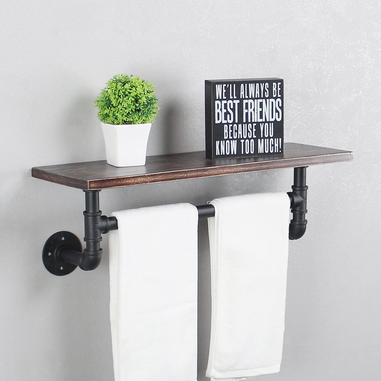 MBQQ Shelving Bathroom Pipe Shelves with Towel Bar Over Toilet, 24 inch Pine Wood Floating Shelves for Wall Mounted Bedroom,Kitchen, Farmhouse, Living Room
