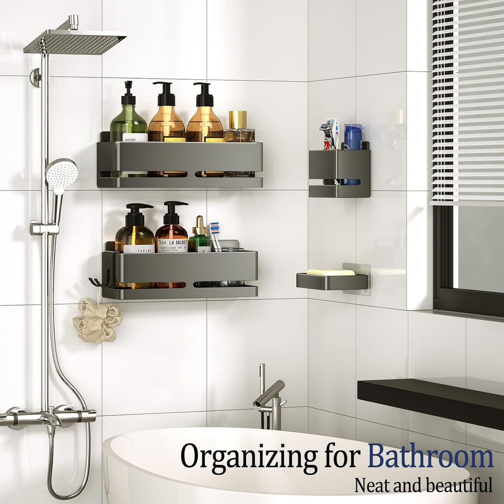 Bathroom Storage Rack (5-piece set), wall-mounted shelf with soap dish and toothbrush holder, no drilling required, ideal for bathroom storage and also suitable for kitchen (Grey)