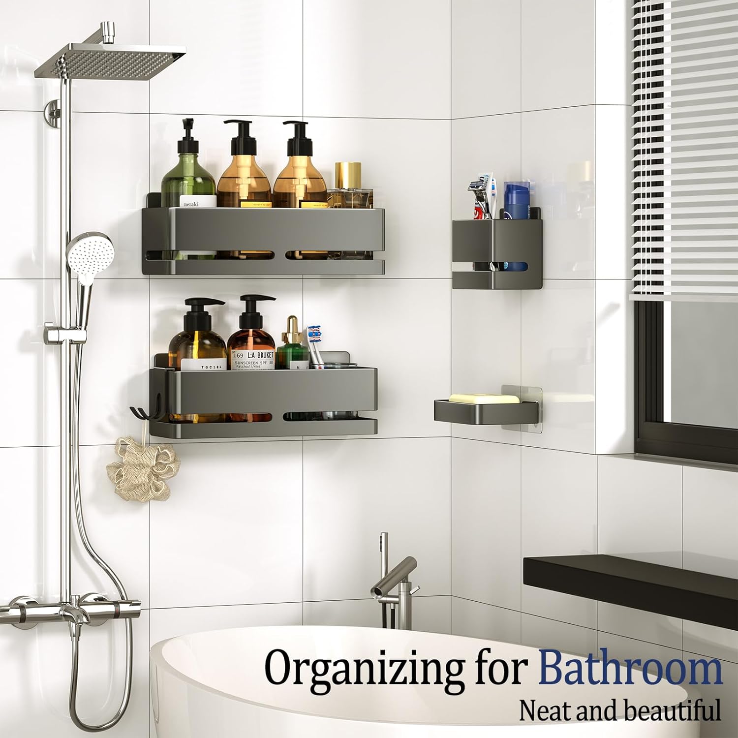 Bathroom Storage Rack (5-piece set), wall-mounted shelf with soap dish and toothbrush holder, no drilling required, ideal for bathroom storage and also suitable for kitchen (Grey)