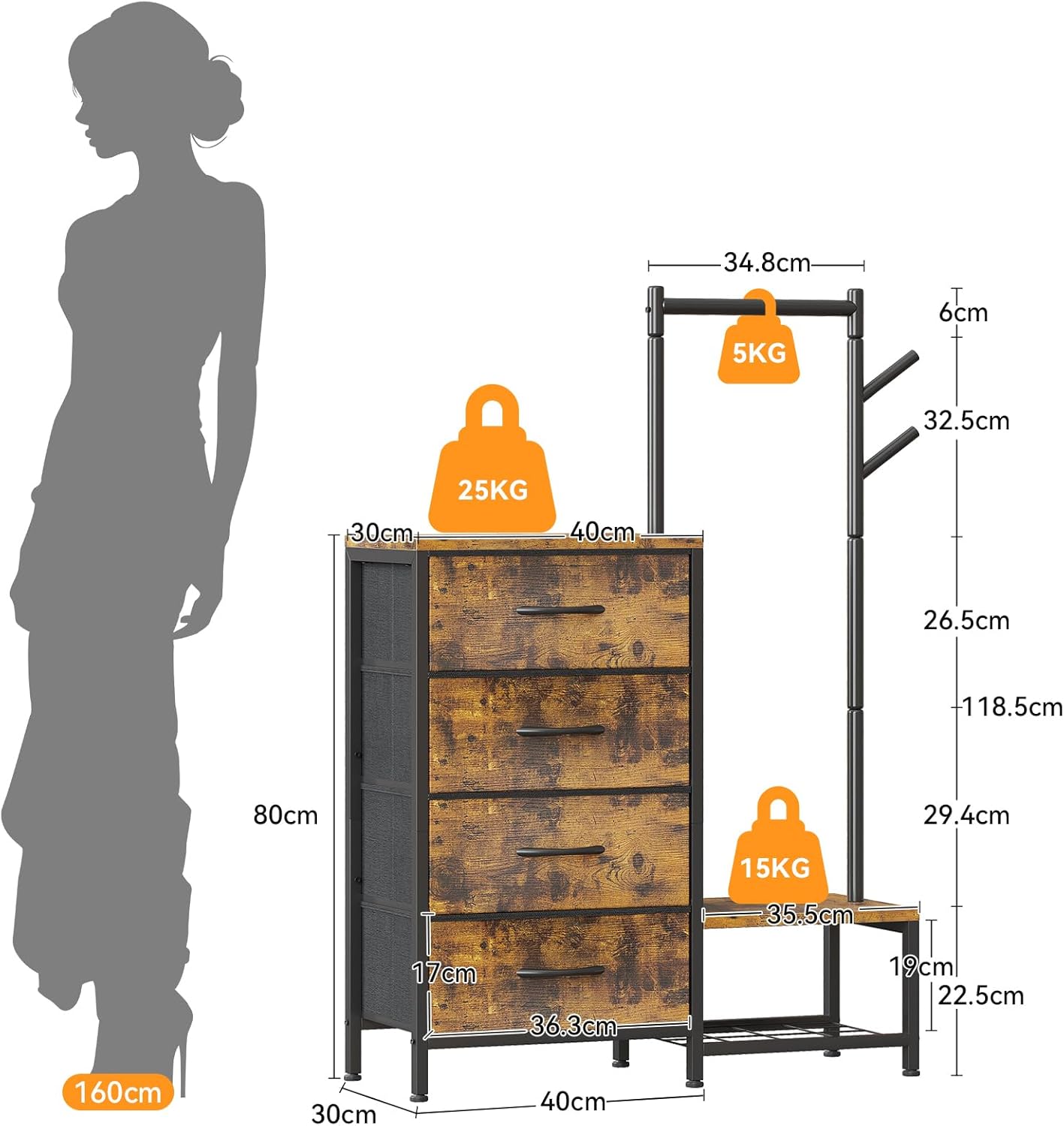 ODK 3 in 1 Chest of Drawers Bedroom, Including 4 Fabric Drawers, with a Sturdy Clothes Rail and 2 Coat Hooks, Double-layer Shoe Rack at the Bottom, Suitable for Bedroom and Entryway, Retro color