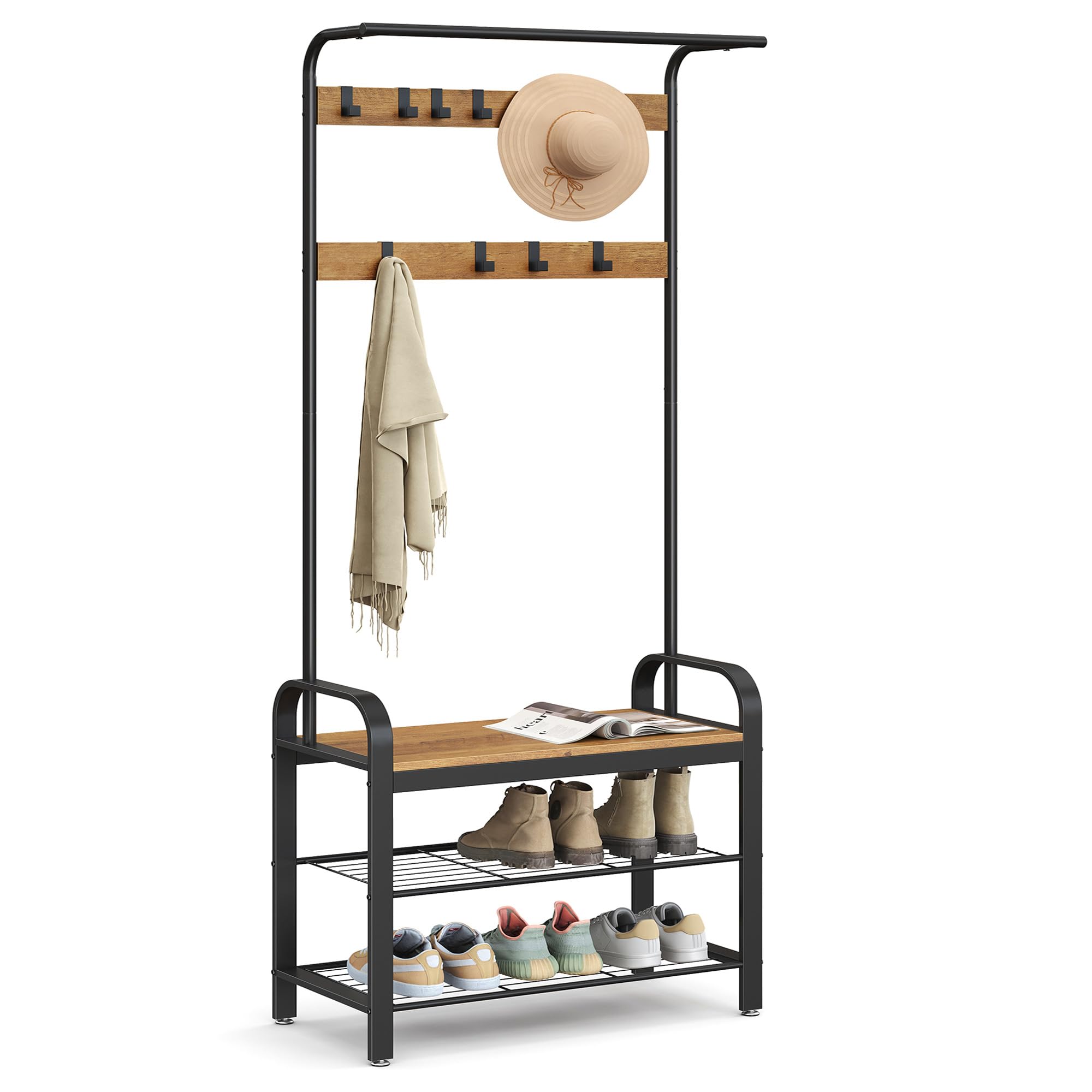 VASAGLE Coat Rack, Coat Stand with Shoe Storage Bench, 4-in-1 Design, with 9 Removable Hooks, a Clothes Rail, for Hallway, Entrance, 34 x 72 x 183 cm, Industrial, Camel Brown and Ink Black HSR040K02
