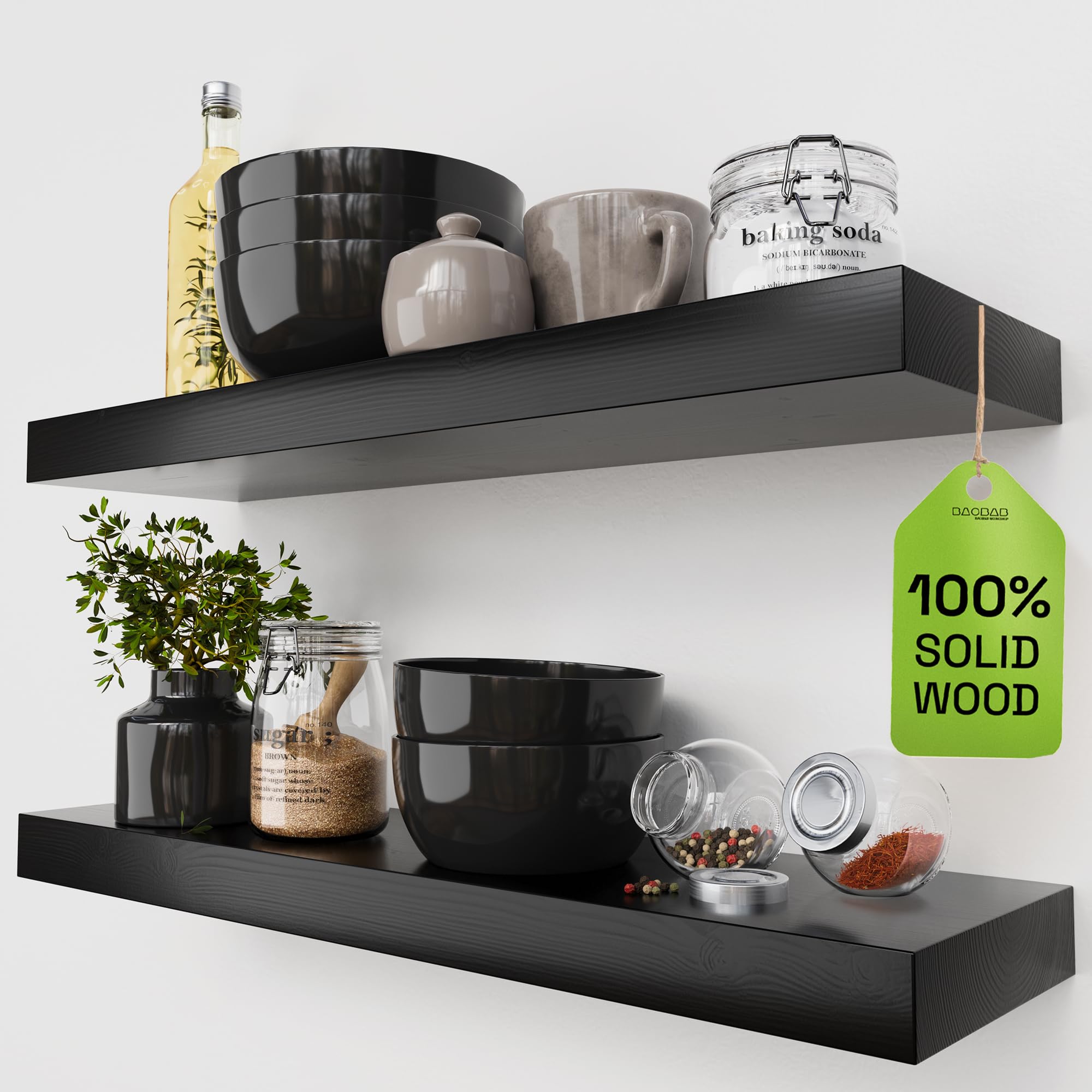 BAOBAB WORKSHOP Wood Floating Shelves for Wall Mounted, 16 inch Walnut Floating Shelf for Bathroom, Solid Wooden Wall Shelves for Kitchen Bedroom Farmhouse, Walnut Finish, 16 x 6.7, Set of 2