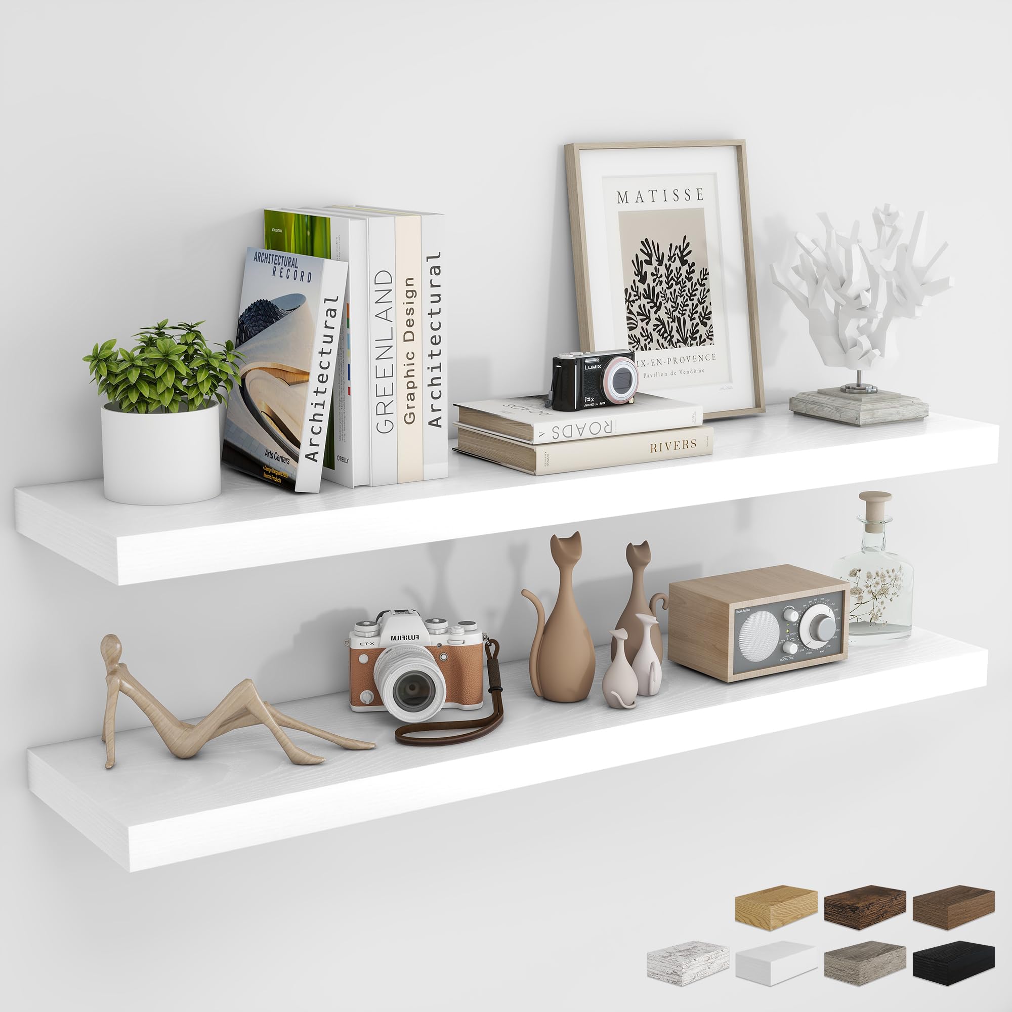 RICHFOCUS 24Inch Floating Shelves for Wall 2 Pack Shelves for Bedroom|Kitchen|Bathroom Wall Mounted Rustic Wood Floating Shelf with Invisible Brackets for Books|Storage|Decor, Oak