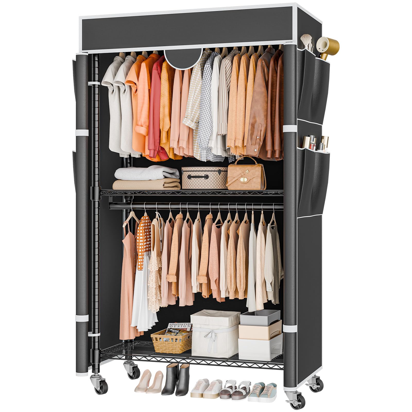 Himimi Double Rod Garment Rack/Clothes Rail with Height-Adjustable Shelves, Heavy Duty Clothes Rack with 2 Hooks, Clothes Rails with Wheels, 90 * 42 * 205cm, Black