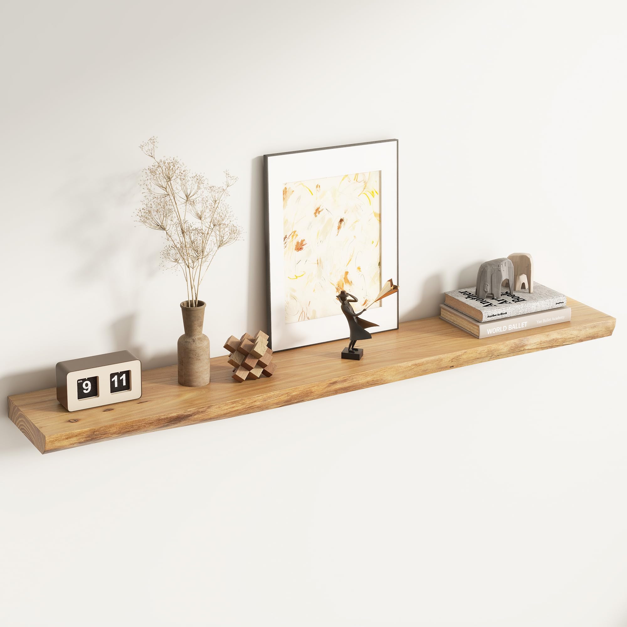 Live Edge Floating Shelves for Wall Decor, Solid Elm Wood Floating Shelves Wall Mounted, Rustic Wall Shelves with Invisible Bracket for Living Room Bathroom Bedroom Kitchen, 24 Inch Set of 2, Natural