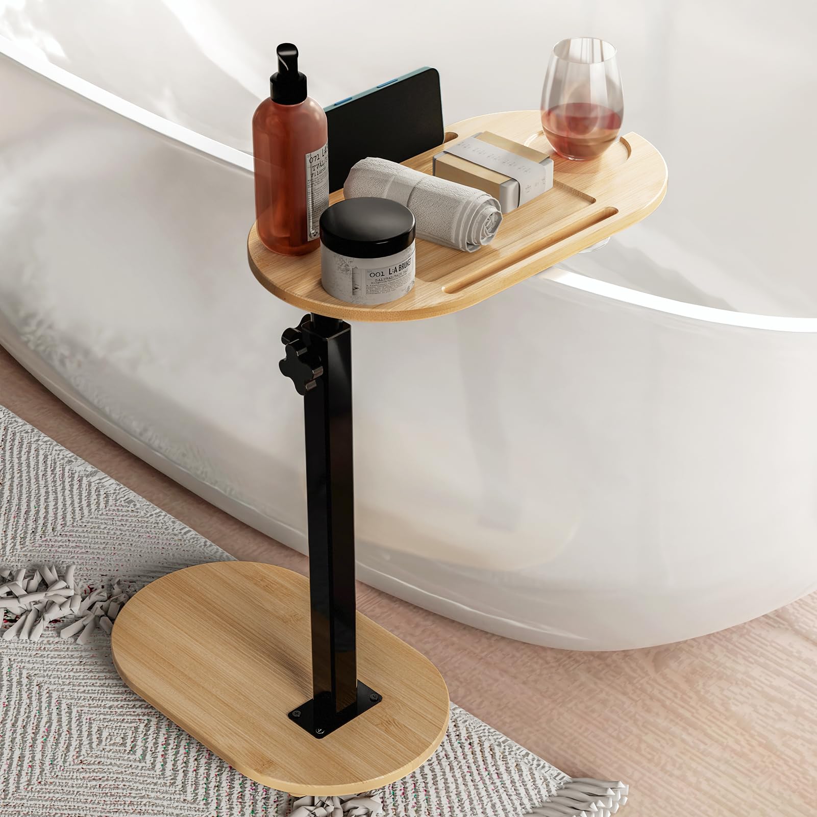Yumkfoi Bamboo Bathtub Tray Table with Adjustable Height, Freestanding Bathtub Caddy for Tub Against Wall, Tub Organizer Suitable for Luxury Spa and House Warming Gift - Patent Protected (Black)