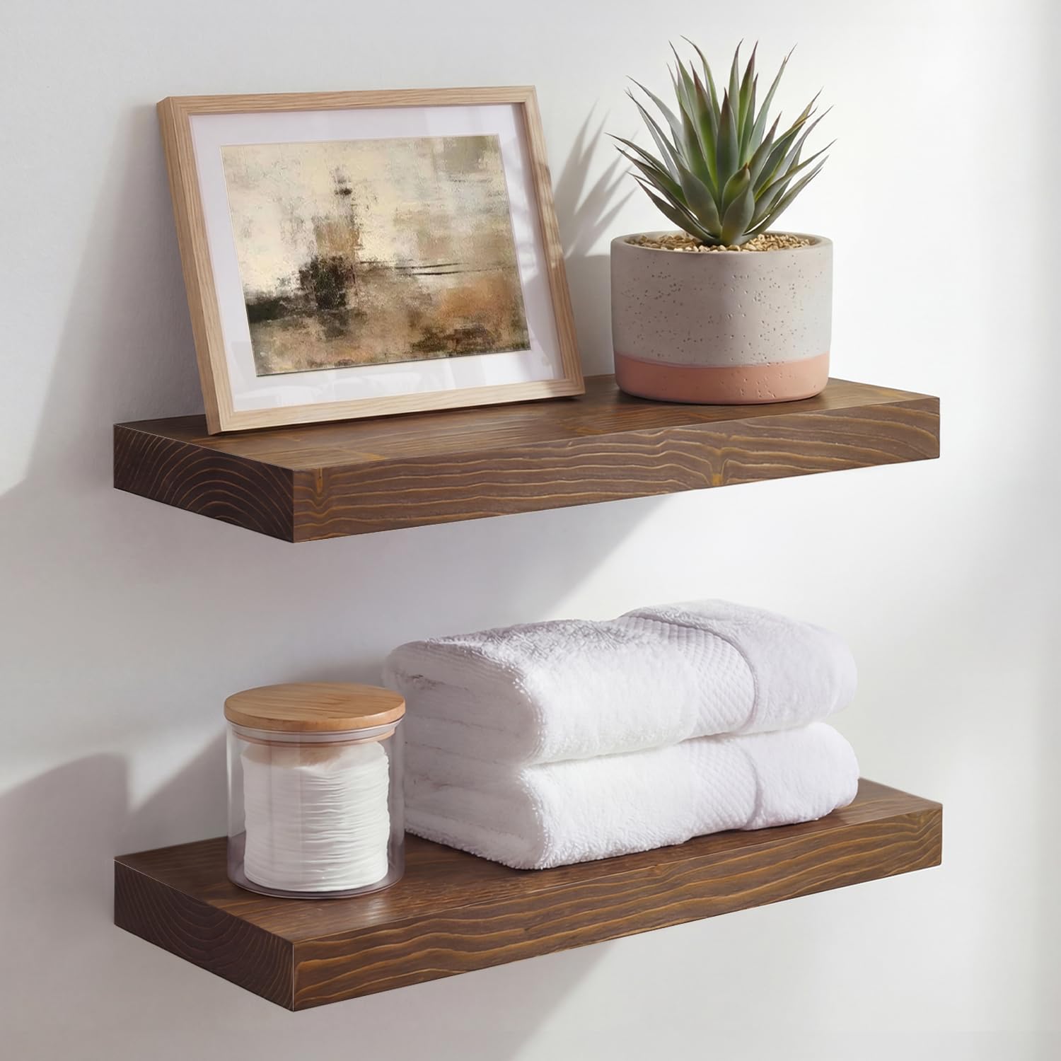 Homeforia White Floating Shelves 24 inch, High End Solid Real Wood 24inch Bathroom Floating Shelf for Wall Mounted, White Wooden 24in Floating Shelves, Heavy Duty Bracket, 24 X 6.5 X 1.75 in, Set of 2