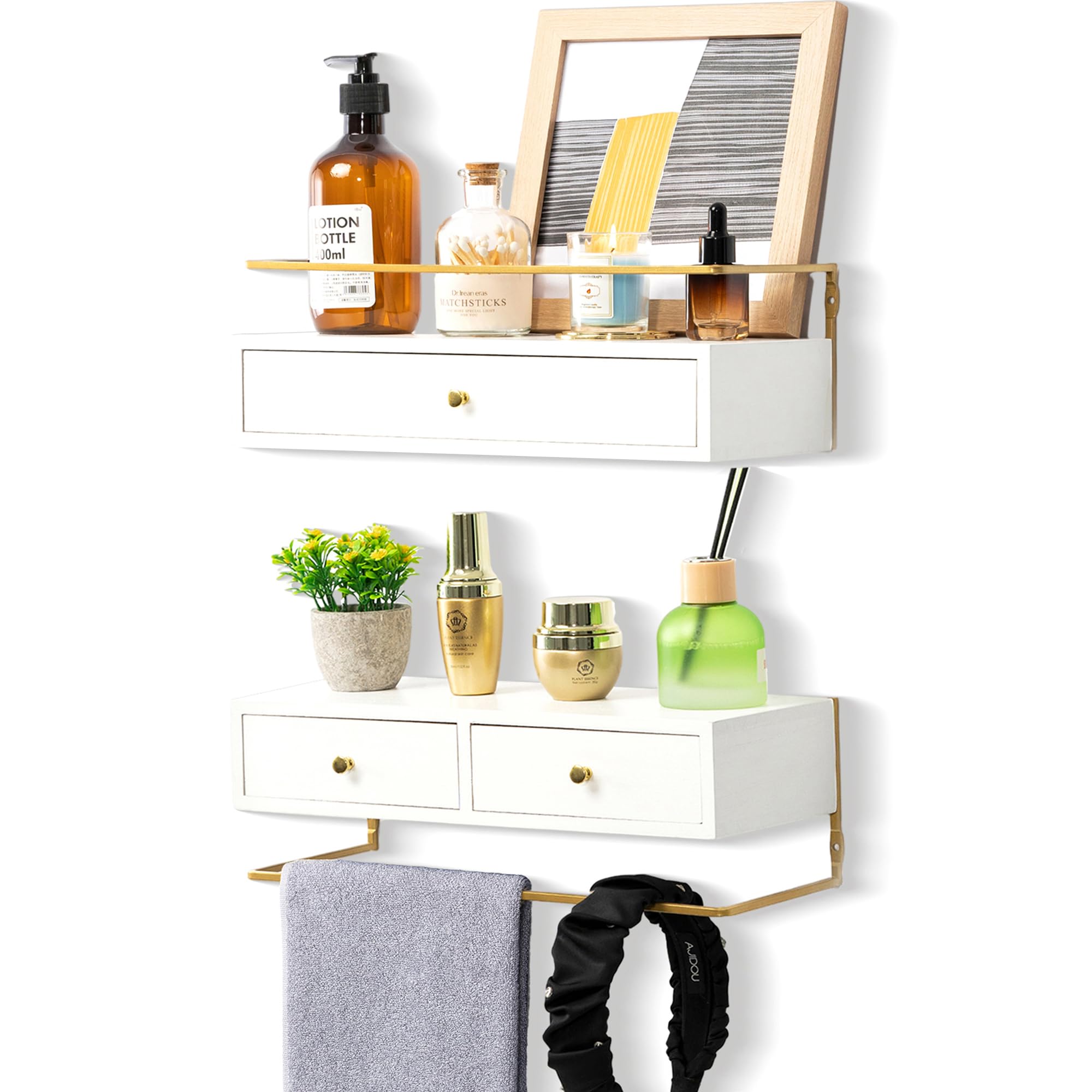 Dreampossible Floating Shelves With Drawers Set of 2 - Wall Mounted Storage for Bathroom, Living Room, Kitchen - Rustic Wood Wall Decor for Plants, Books