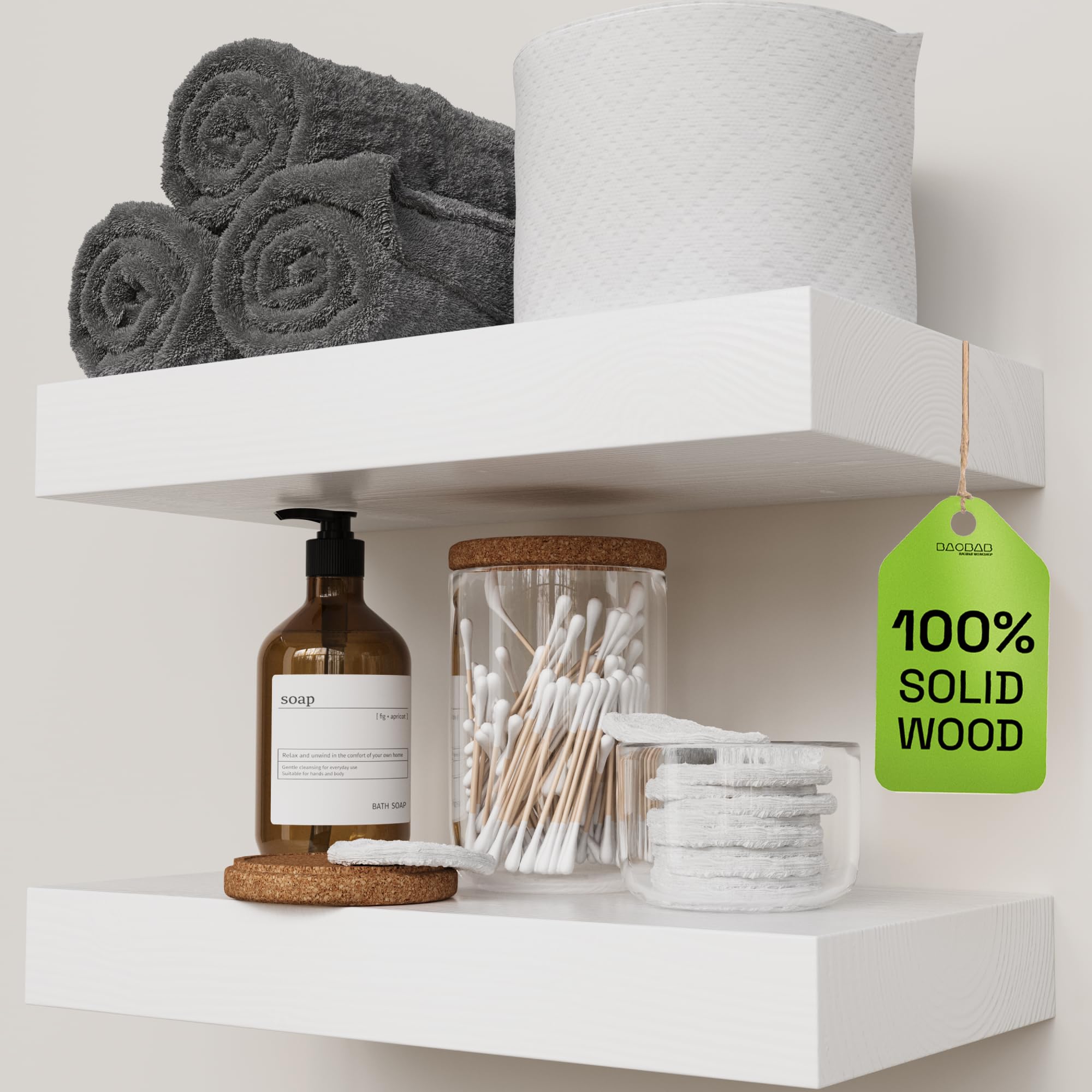 BAOBAB WORKSHOP Wood Floating Shelves for Wall Mounted, 16 inch Walnut Floating Shelf for Bathroom, Solid Wooden Wall Shelves for Kitchen Bedroom Farmhouse, Walnut Finish, 16 x 6.7, Set of 2