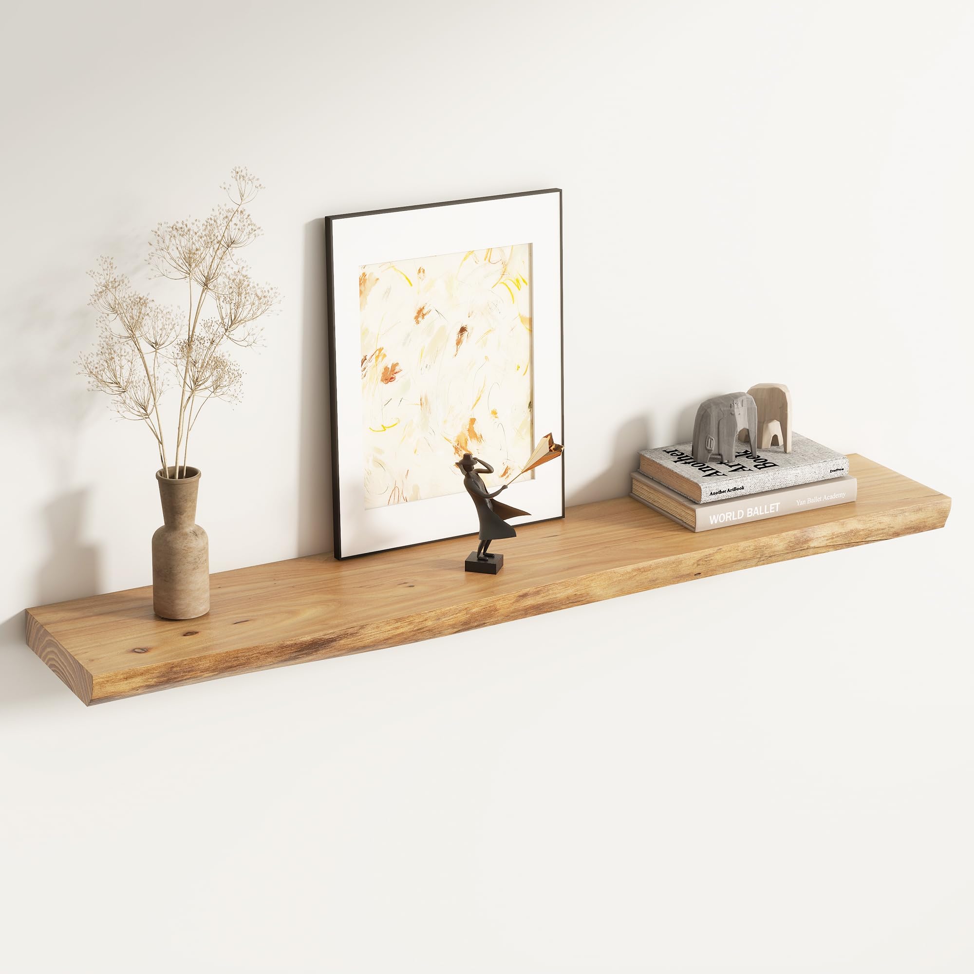 Live Edge Floating Shelves for Wall Decor, Solid Elm Wood Floating Shelves Wall Mounted, Rustic Wall Shelves with Invisible Bracket for Living Room Bathroom Bedroom Kitchen, 24 Inch Set of 2, Natural
