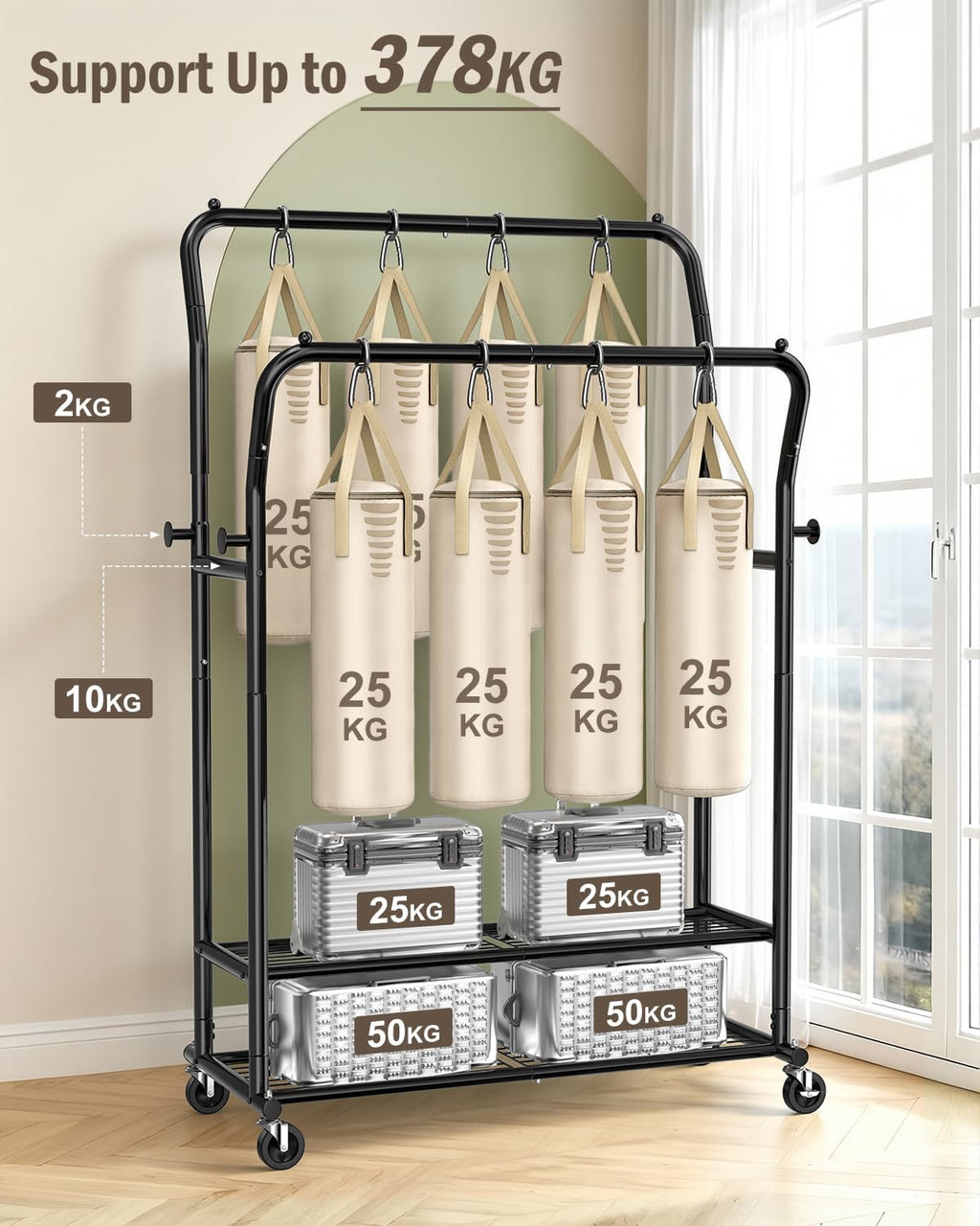 EAGMAK Heavy Duty Clothes Rail Load 378 kg, Double Rods Clothing Rails on Wheels, Height Adjustable Hanging Rack with Shelves & Coat Hooks, Portable Metal Standing Wardrobe for Bedroom Laundry, Black