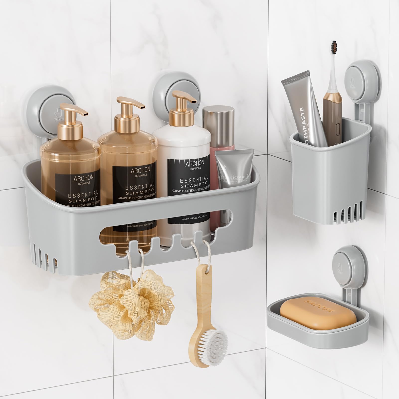 LEVERLOC Shower Caddy Suction Cup, 2 Pack Shower Shelves for Inside Shower with Hooks & Soap Holder, NO-Drilling Bathroom Shower Organizer, Rustproof Meatl Shower Holder Storage, Silver