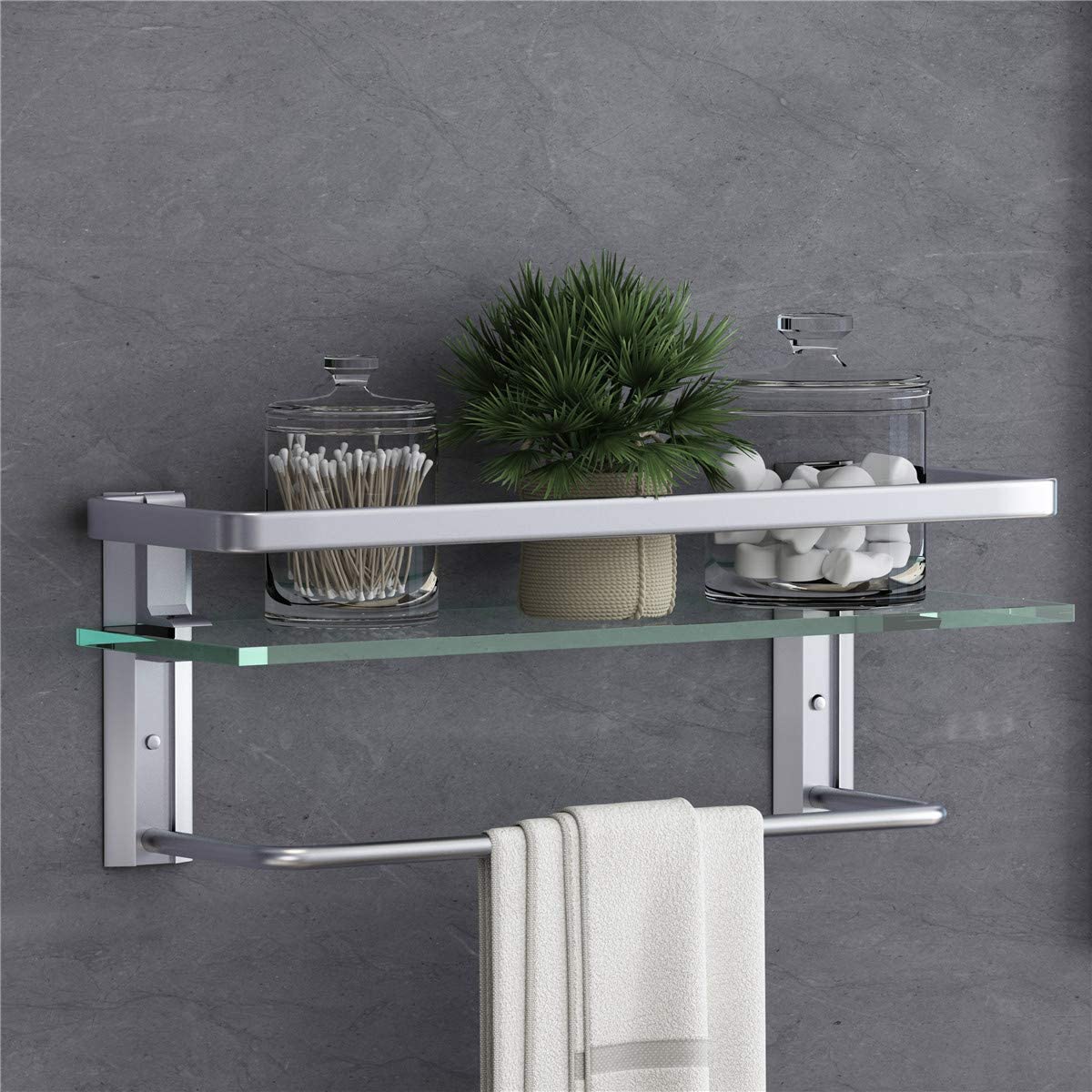 VOLPONE Glass Bathroom Shelf with Towel Bar 15.7in Bathroom Wall Shelves Rustproof Metal Bathroom Wall Organizer 2-Tier (Black)