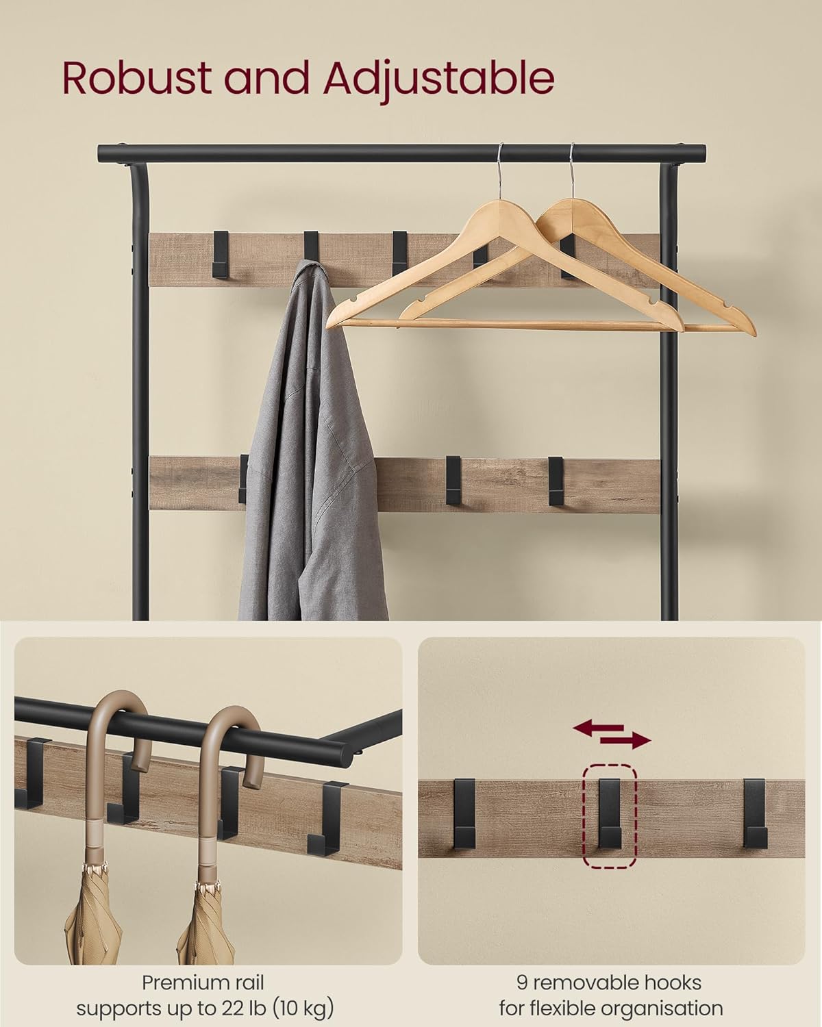 VASAGLE Coat Rack, Coat Stand with Shoe Storage Bench, 4-in-1 Design, with 9 Removable Hooks, a Clothes Rail, for Hallway, Entrance, 34 x 72 x 183 cm, Industrial, Camel Brown and Ink Black HSR040K02