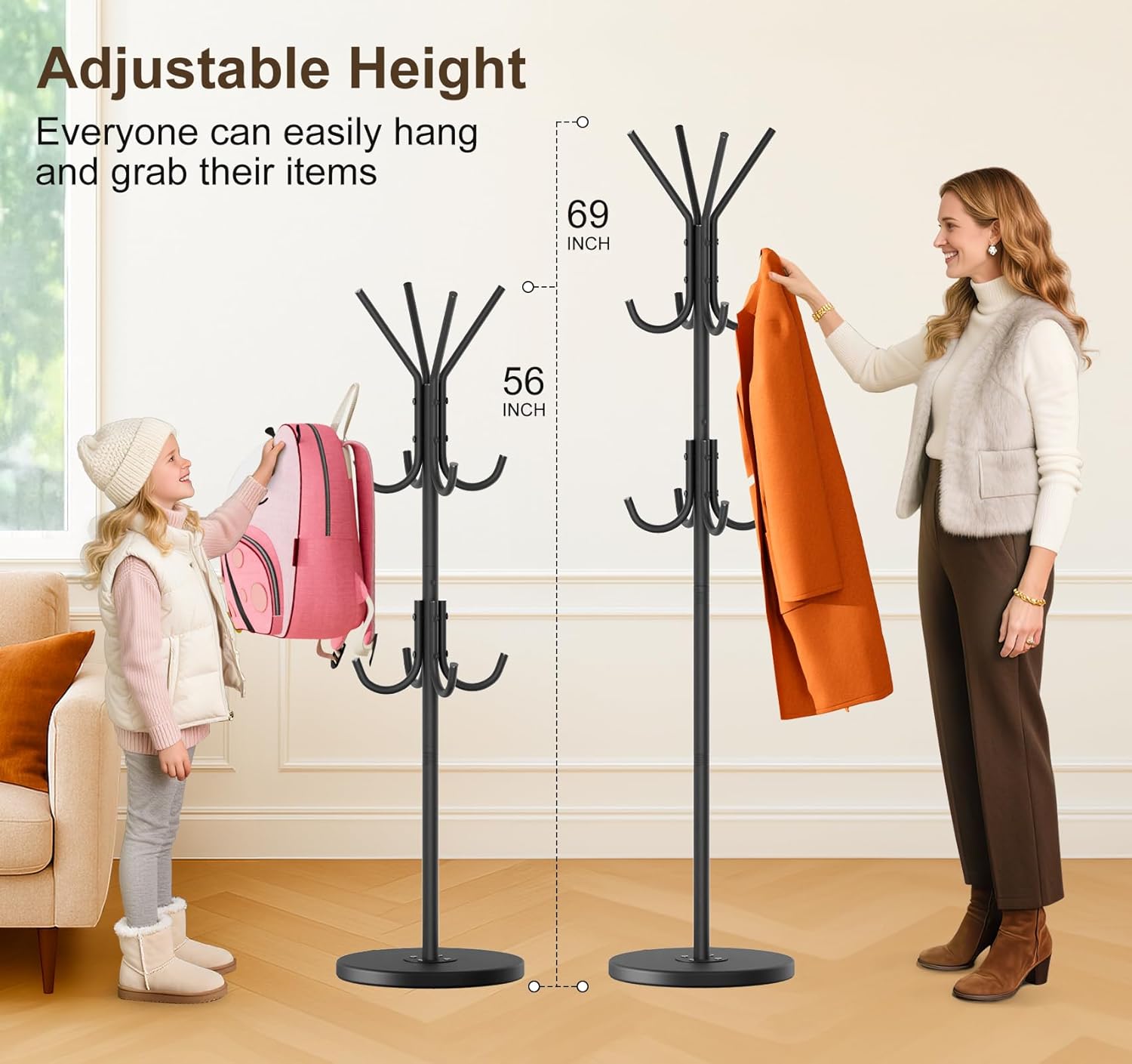 MISSLO Heavy Duty Coat Rack Freestanding with Stable Wood Base, Metal Coat Stands for Hallway & Small Space with 12 Hooks, Adjustable Clothes Hanger Stand Coat Tree for Jackets, Hats, Bags, Black