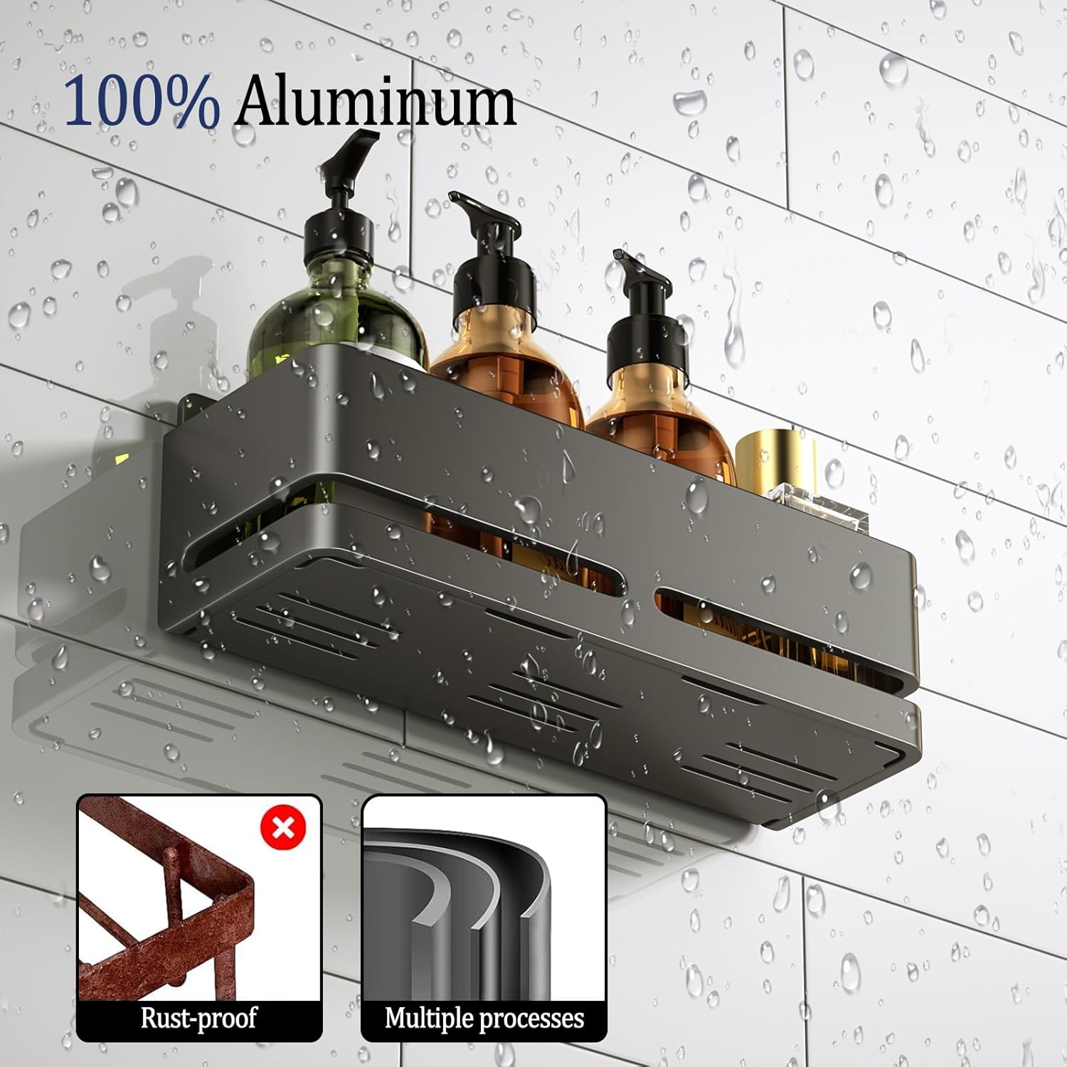 Bathroom Storage Rack (5-piece set), wall-mounted shelf with soap dish and toothbrush holder, no drilling required, ideal for bathroom storage and also suitable for kitchen (Grey)
