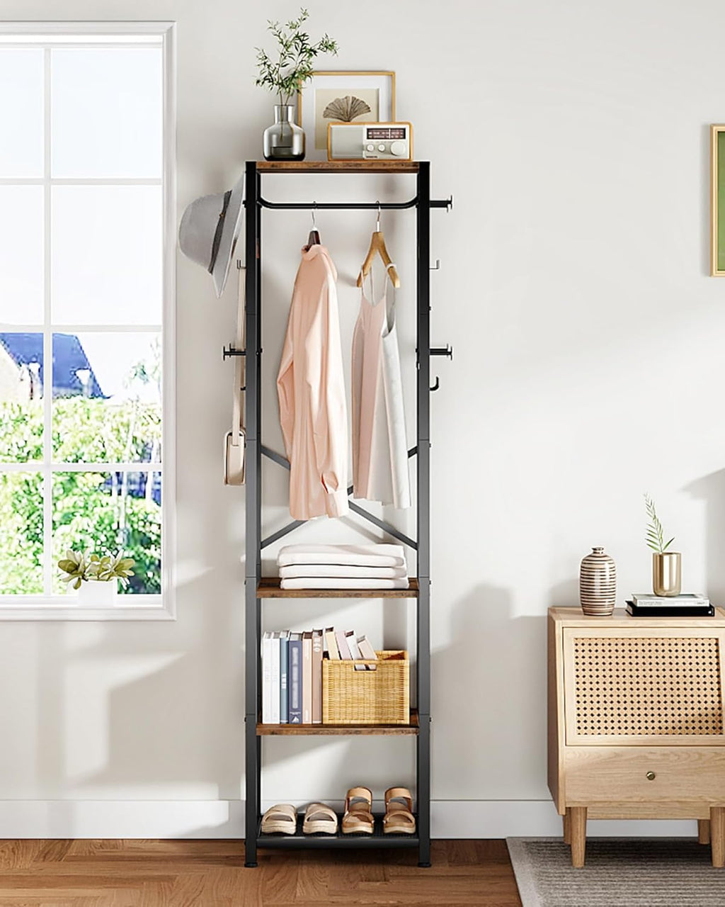 CHOEZON Coat Rack Freestanding, Hall Tree with 3 Storage Shelves, Coat Stand with 16 Hooks and Hanging Rail, Industrial Clothes Stand for Entryway, Hallway, Bedroom, Rustic Brown and Black DTYM18BF
