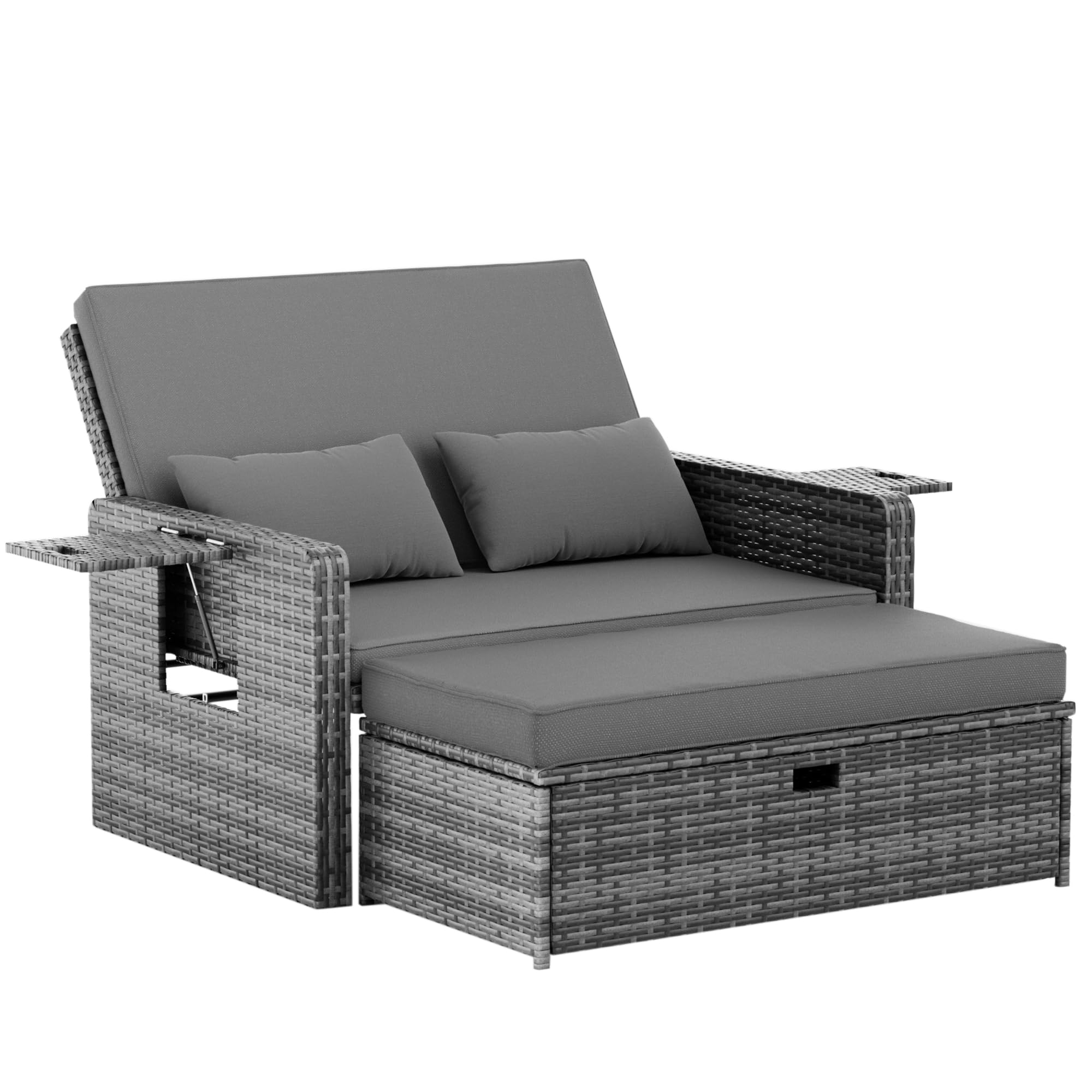 Amopatio Rattan Daybed Garden Furniture Set, Outdoor Loveseat Sofa with Storage Ottoman, Sunbed Sofa Set with Cushions/Adjustable Backrest/Retractable Trays for Balcony, Patio, Grey