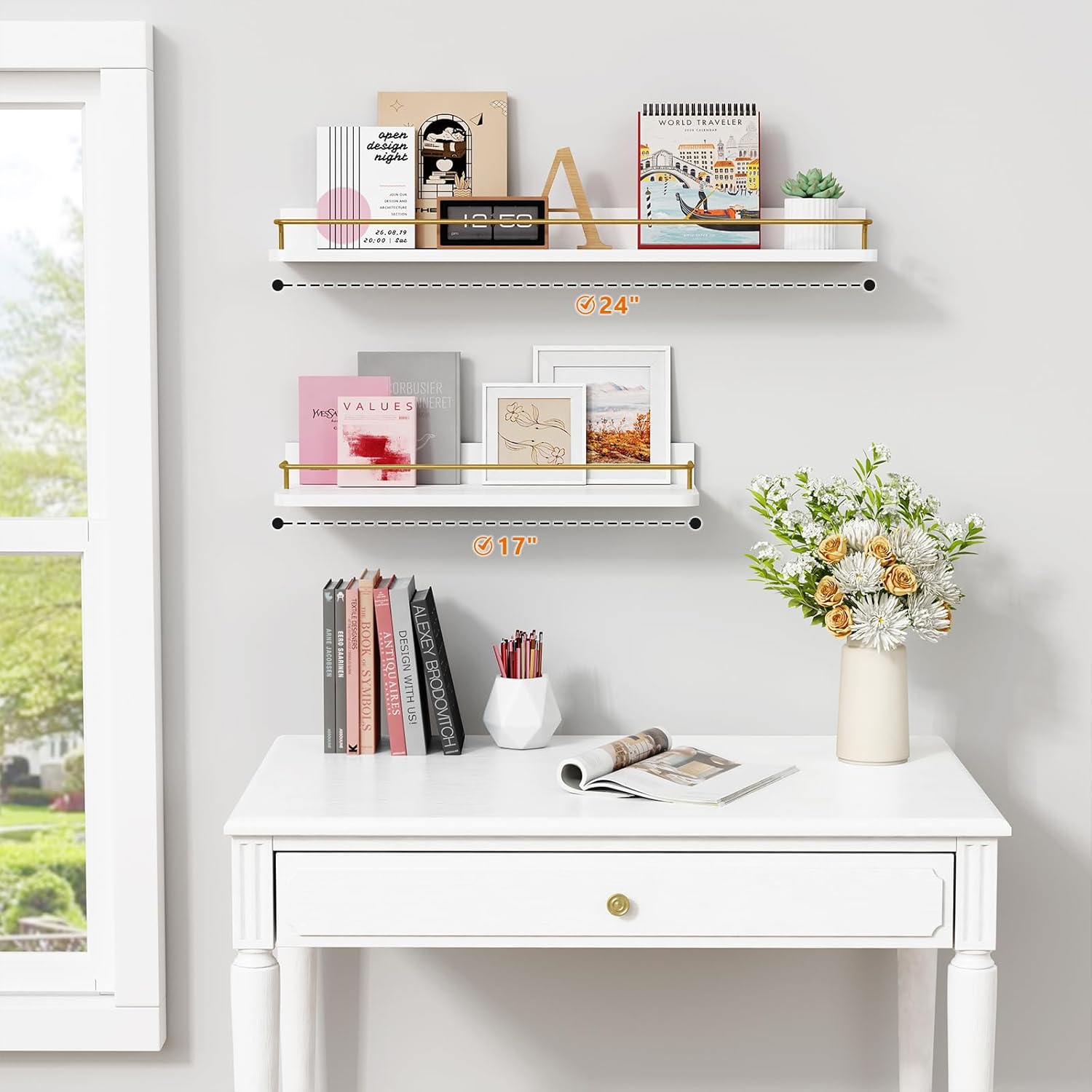 24 Inch White & Gold Floating Shelves, Set of 3 Wall Mount Shelves with Rail for Bathroom Bedroom Living Room