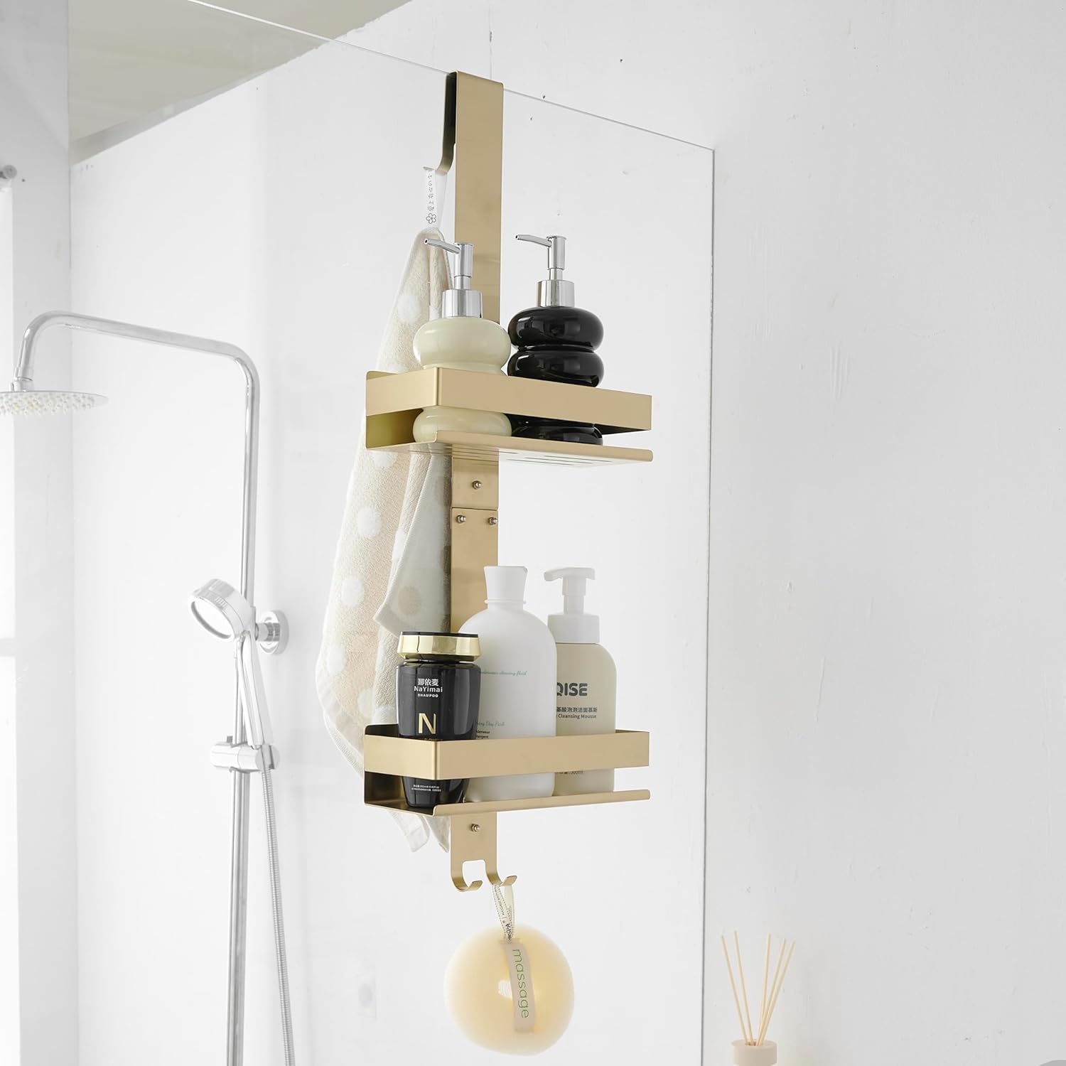 Beelee Gold Shower Caddy Hanging: Over Door Shower Organizer Bathroom Storage with 2-Tier Rack and Hooks, Holds Body Wash, Shampoo, Soap, Razor, Towel