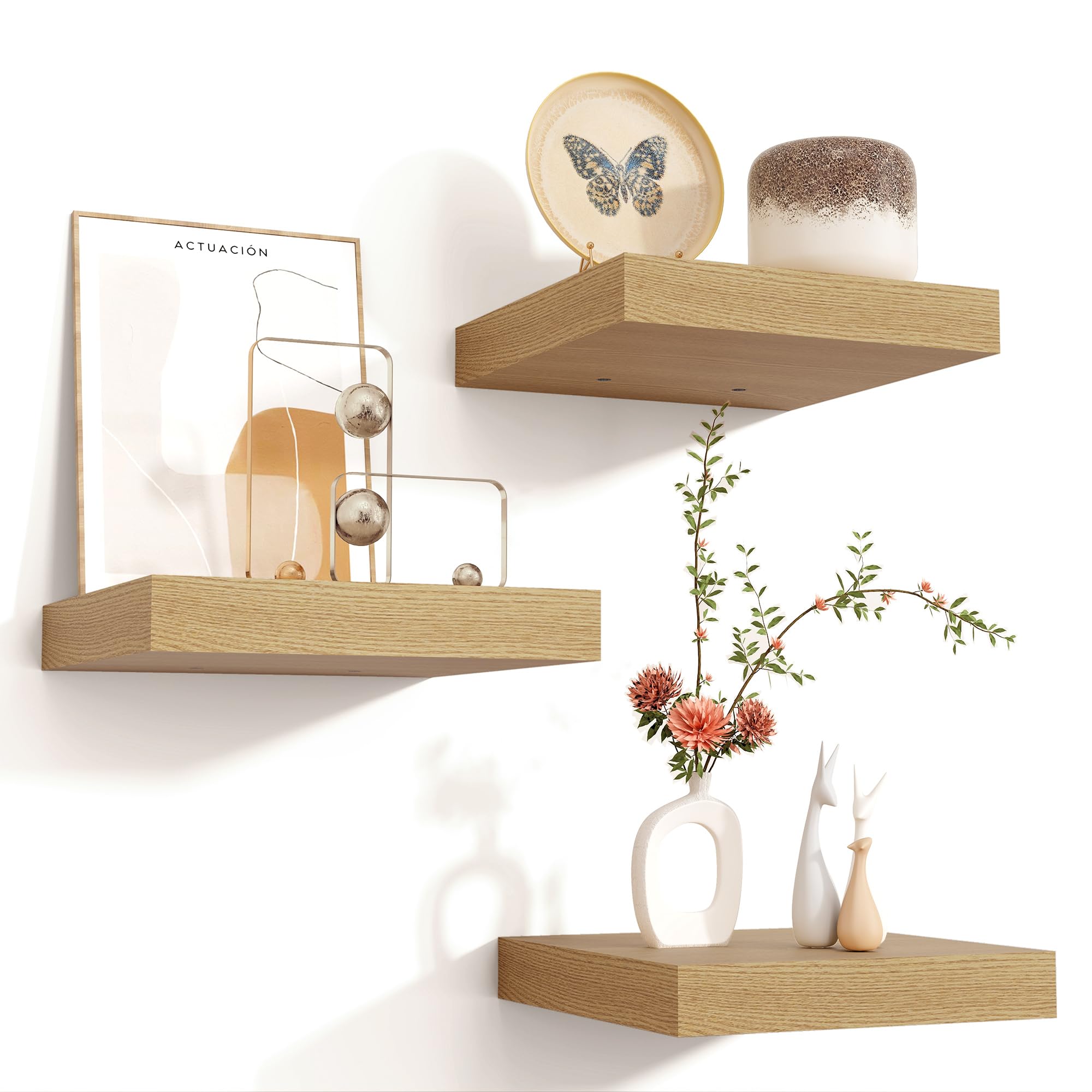 Venusmiles Floating Shelves for Wall 24 inch Long, Engineered Wood Wall Shelves with Invisible Brackets for Living Room Bedroom Bathroom Office Kitchen Decor and Storage, Oak Finish, Set of 2