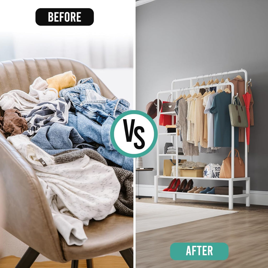Klass Home Collection Heavy Duty Clothes Rail, 120KG White Metal Rack With Double Hanging Clothing Rail, Shoe Rack, Storage Shelves & 4 Coat Hooks, Wardrobe Clothes Rails For Bedroom Office Shop