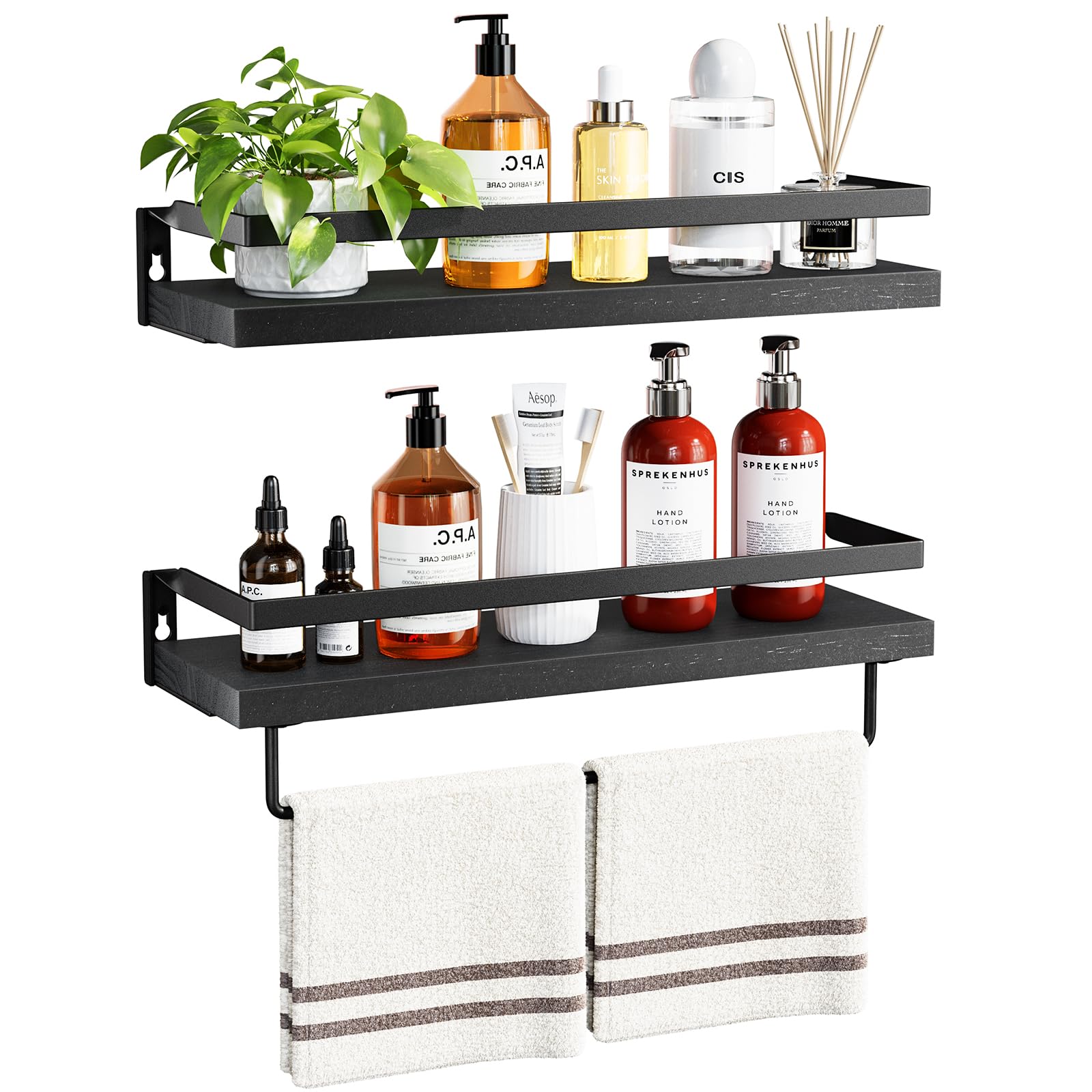 AMADA HOMEFURNISHING Bathroom Shelves with Towel Bar, Floating Shelves, Wall Shelves for Bathroom/Living Room/Kitchen/Bedroom, Rustic Brown, Set of 2 - AMFS01BN