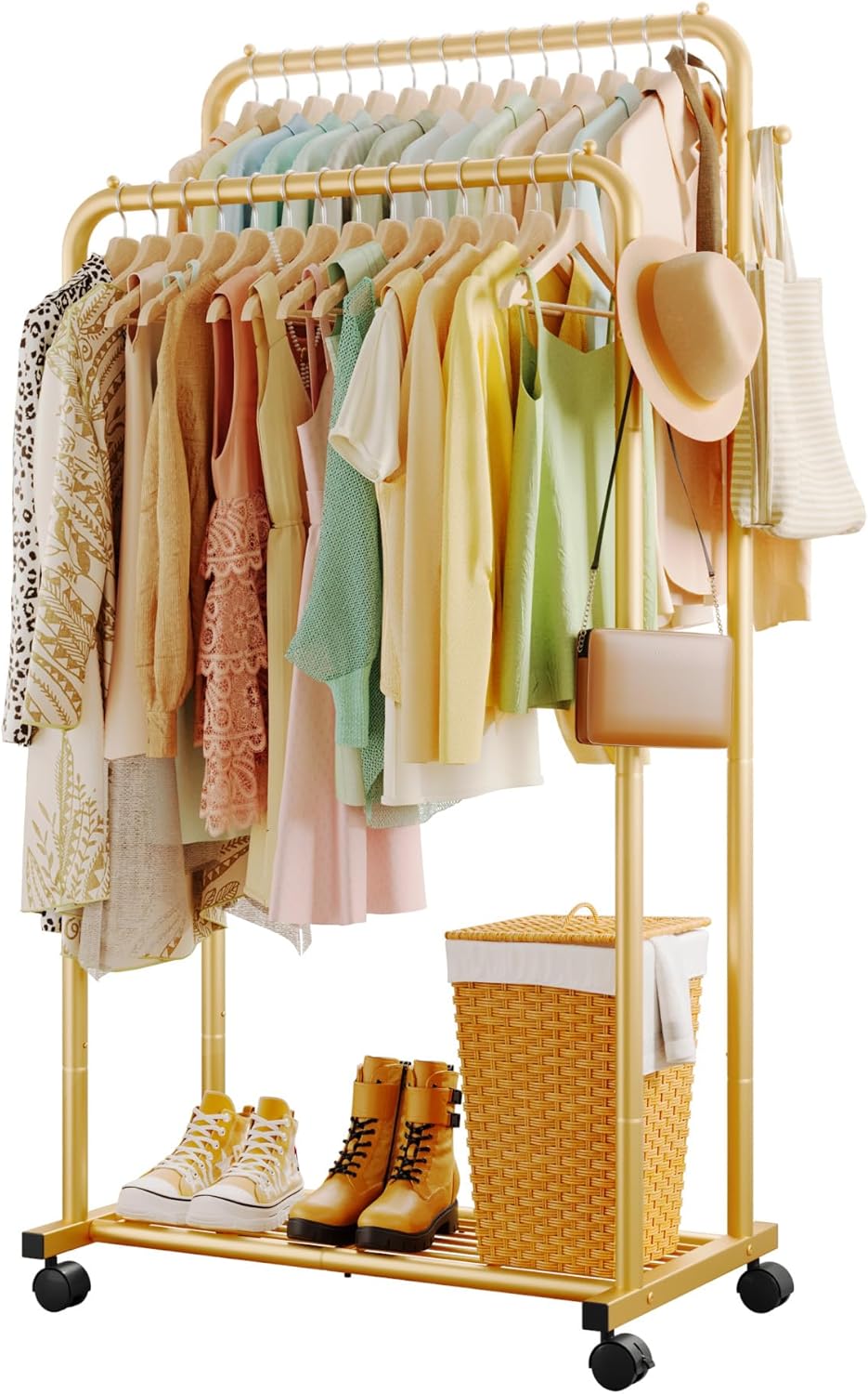 Sakugi Clothes Rail - Double-Rod Rustproof Clothes Rack with Anti-Slip Stoppers, Shoes Shelf and Hooks, Multifunctional Hanging Rack for Laundry, Entryway, Bedroom, Shop, 73 x 42 x 150 cm, Gold