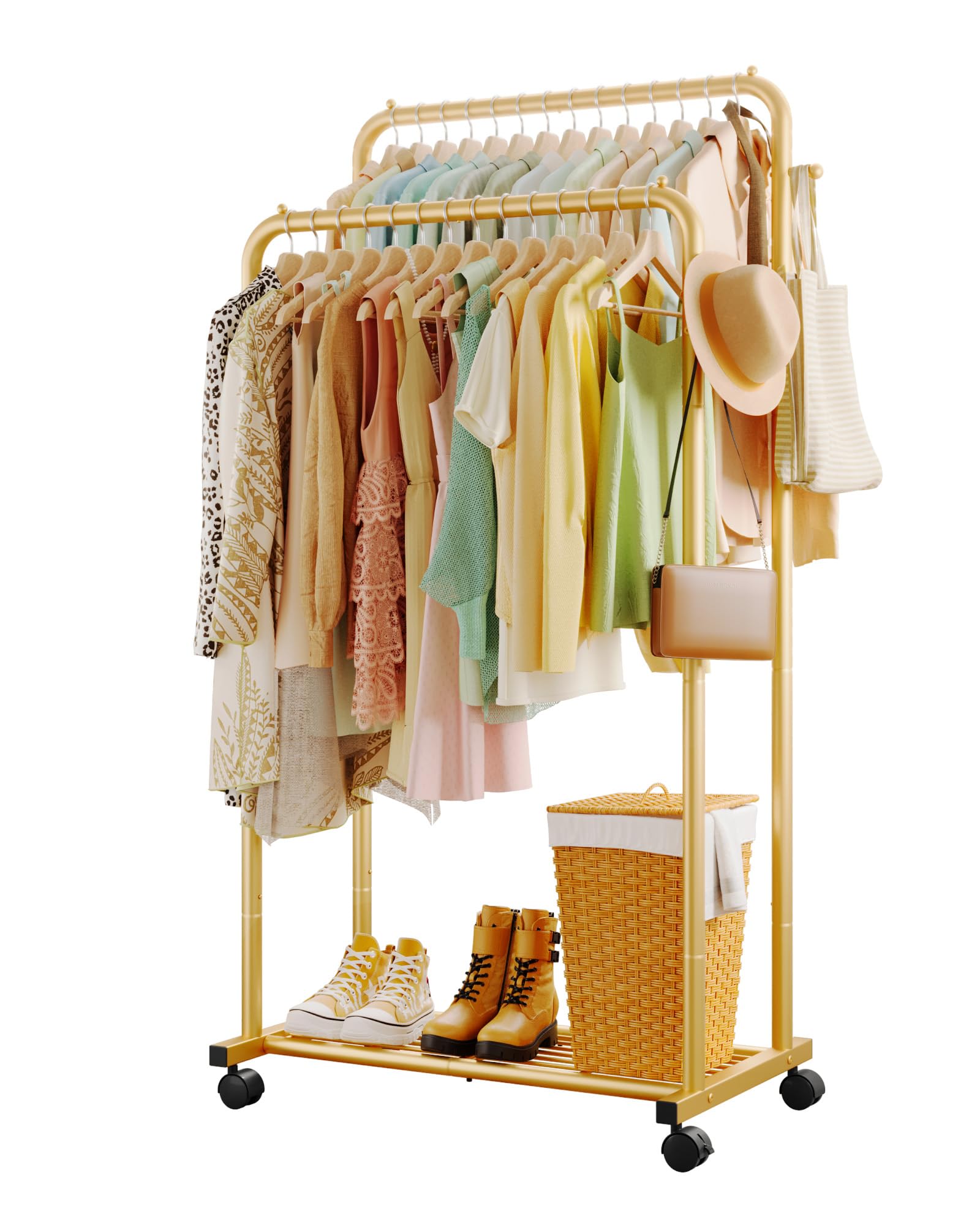 Sakugi Clothes Rail - Double-Rod Rustproof Clothes Rack with Anti-Slip Stoppers, Shoes Shelf and Hooks, Multifunctional Hanging Rack for Laundry, Entryway, Bedroom, Shop, 73 x 42 x 150 cm, Gold