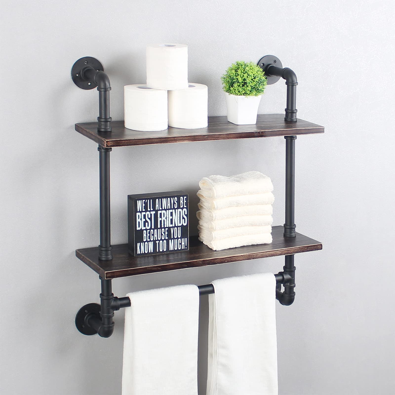 MBQQ Shelving Bathroom Pipe Shelves with Towel Bar Over Toilet, 24 inch Pine Wood Floating Shelves for Wall Mounted Bedroom,Kitchen, Farmhouse, Living Room