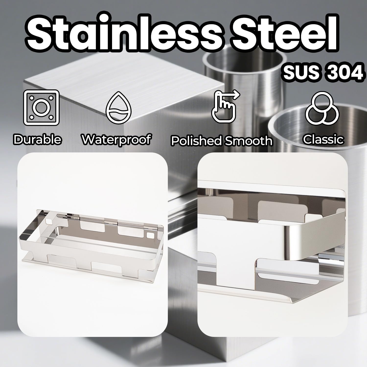 30cm Chrome 304 Stainless Steel Shower Caddy, Rust-Proof Wall Shelf for Bathroom & Kitchen