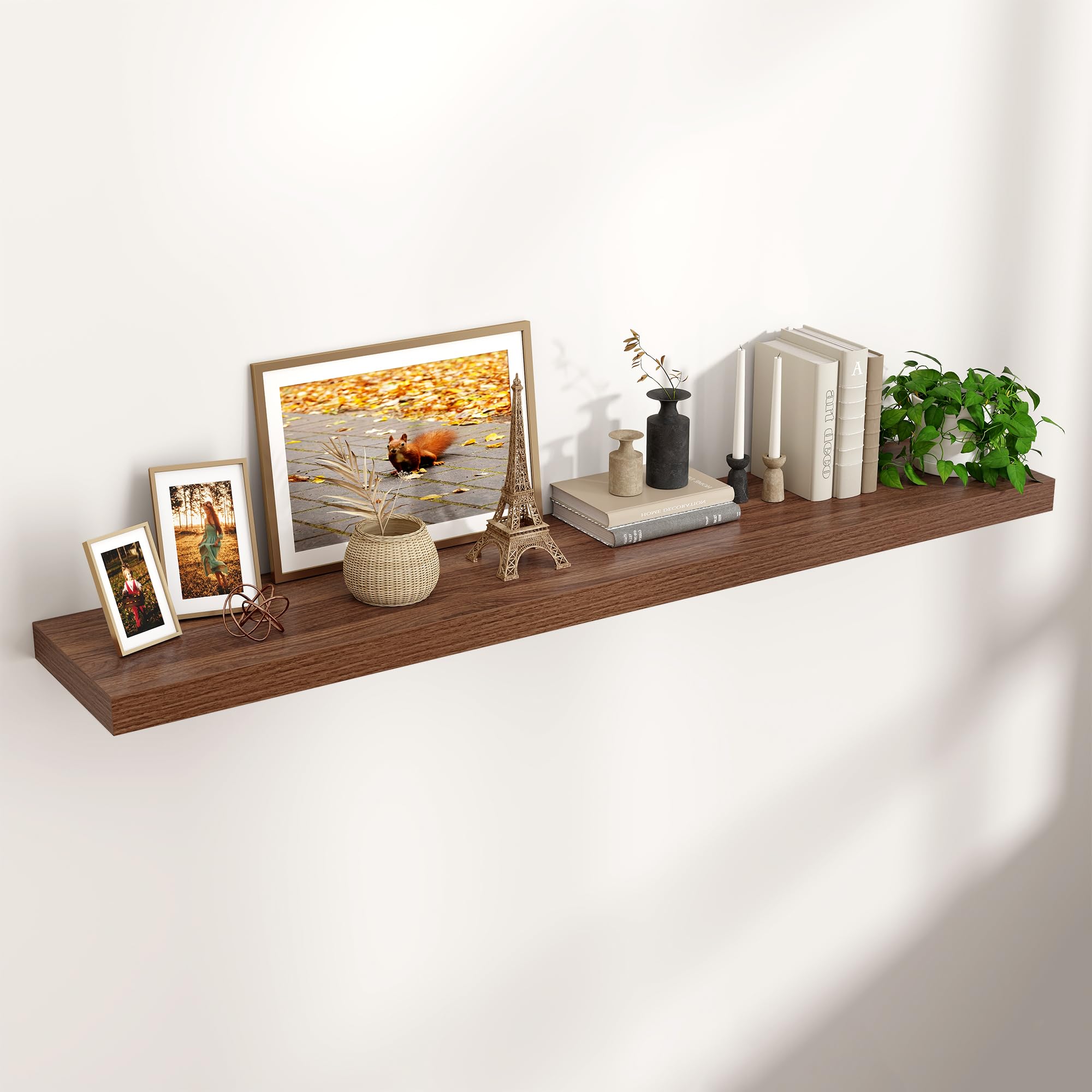 Venusmiles Floating Shelves for Wall 24 inch Long, Engineered Wood Wall Shelves with Invisible Brackets for Living Room Bedroom Bathroom Office Kitchen Decor and Storage, Oak Finish, Set of 2
