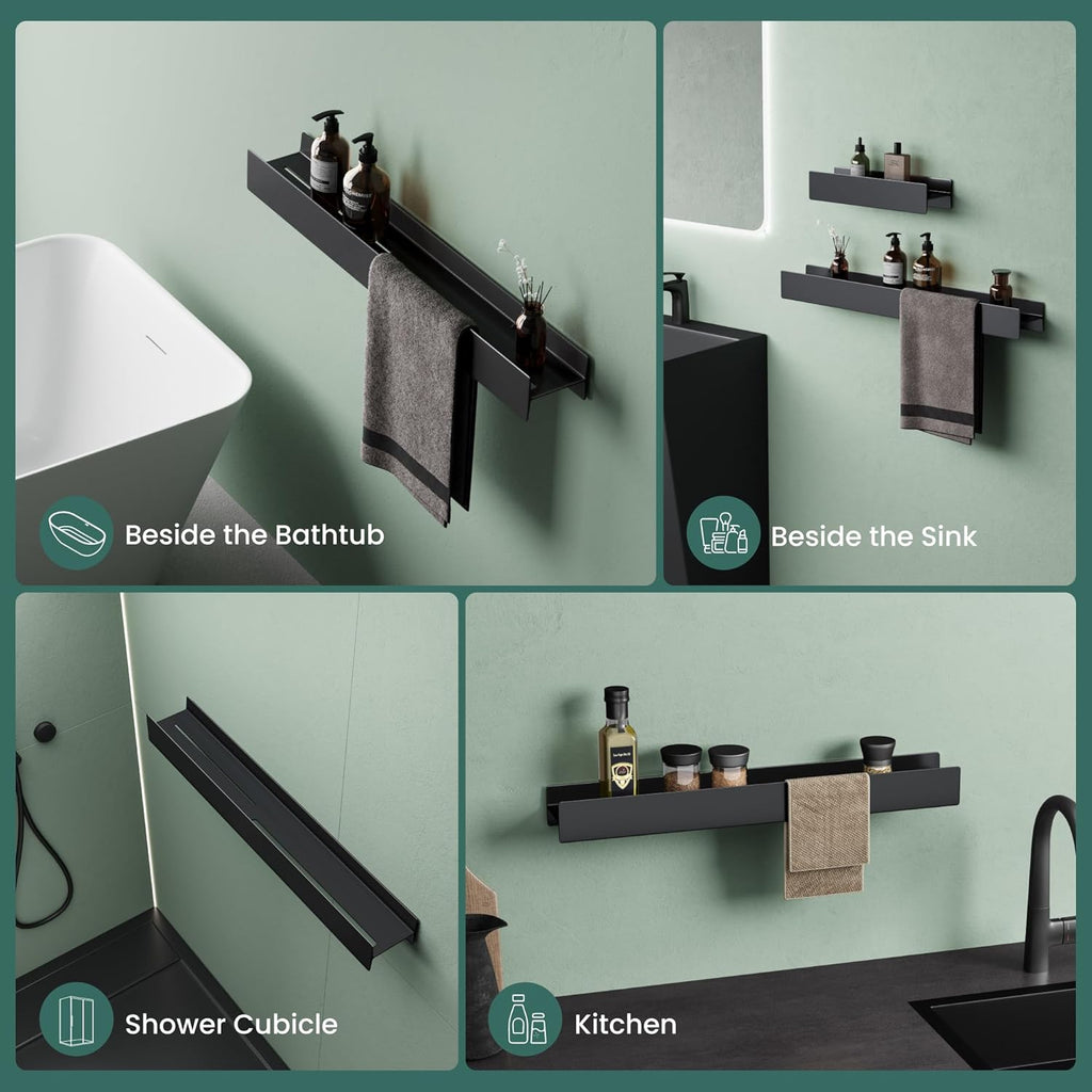 Mai & Mai Shower Caddy No Drill, Bathroom Storage Shelf with Screw Mounting and Optional Adhesive Installation, 60cm Wall Mounted Shower Shelf with Towel Hanging Space, Reglo-03, Matte Black