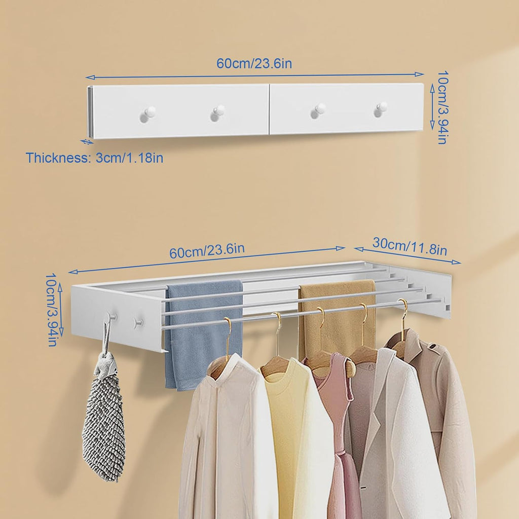 Wall Mounted Clothes Drying Rack,60cm Foldable Wall Mount Clothes Airer Heavy Duty Carbon Steel Wall Dryer with 4 Hooks 25Kg Load Capacity for Indoor and Outdoor (60cm(23.6in))